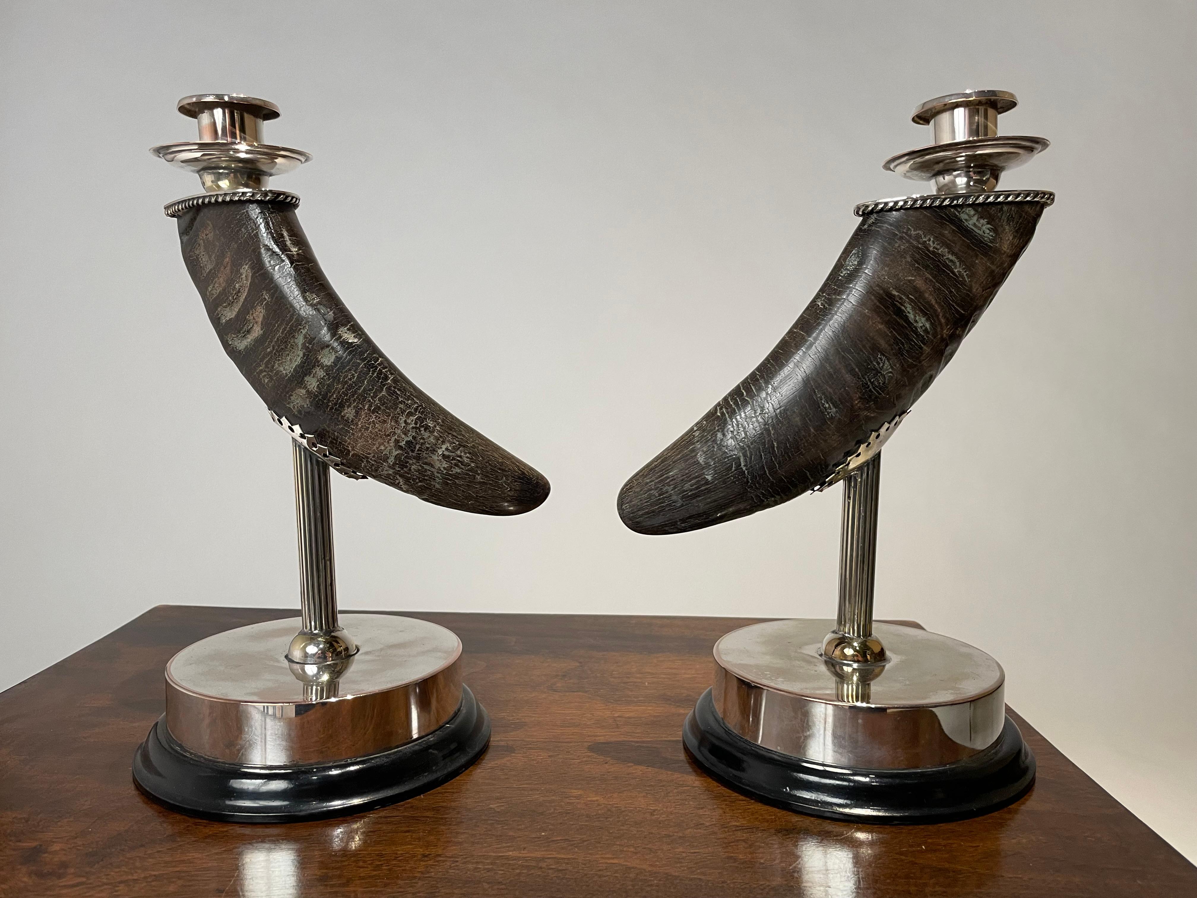 Mid-Century Modern Pair Of Mid 20th Century Silver Plated Horn Candlesticks For Sale
