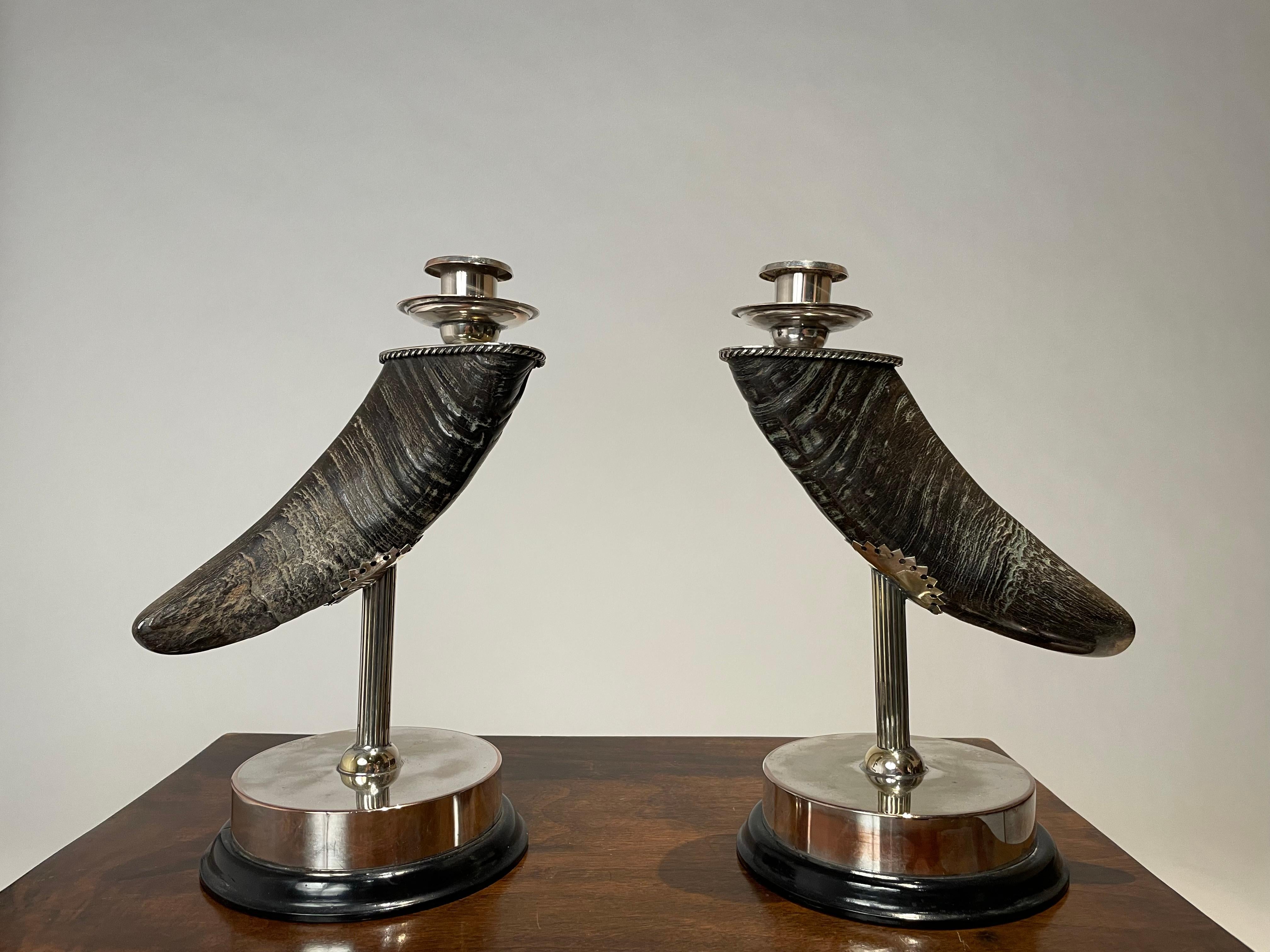 Hand-Crafted Pair Of Mid 20th Century Silver Plated Horn Candlesticks For Sale