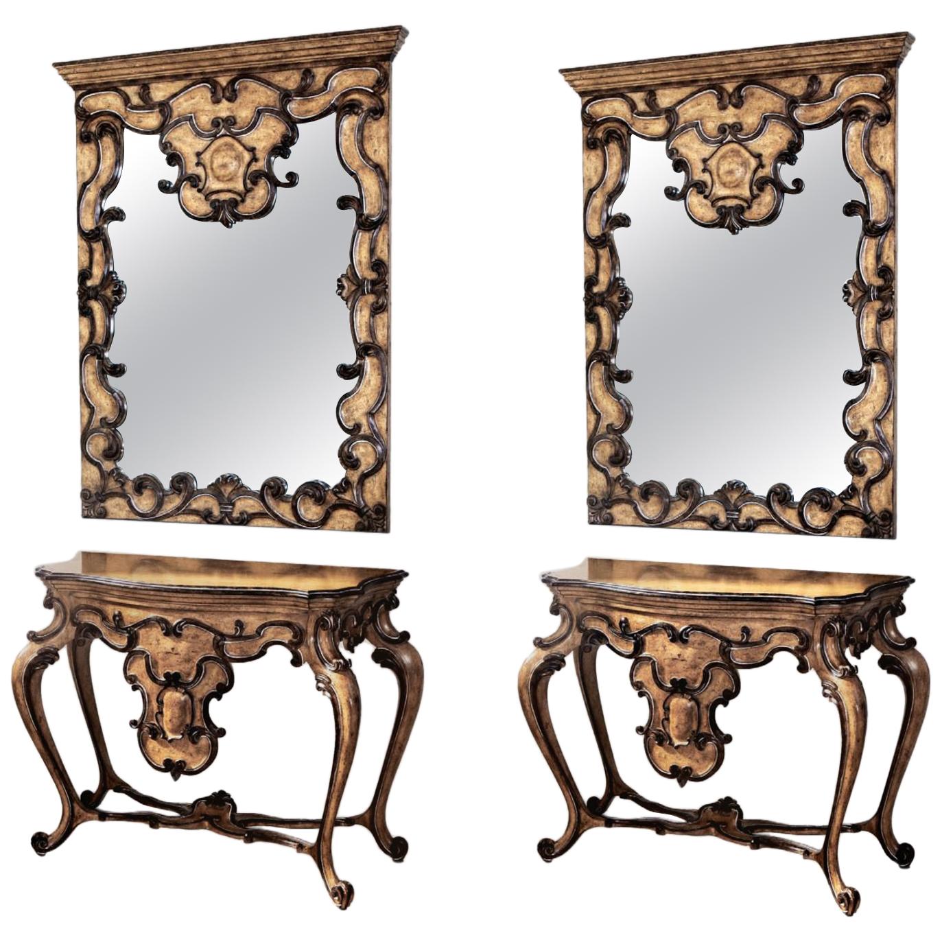 Pair of Mid-20th Century Spanish Baroque Style Mirror and Console