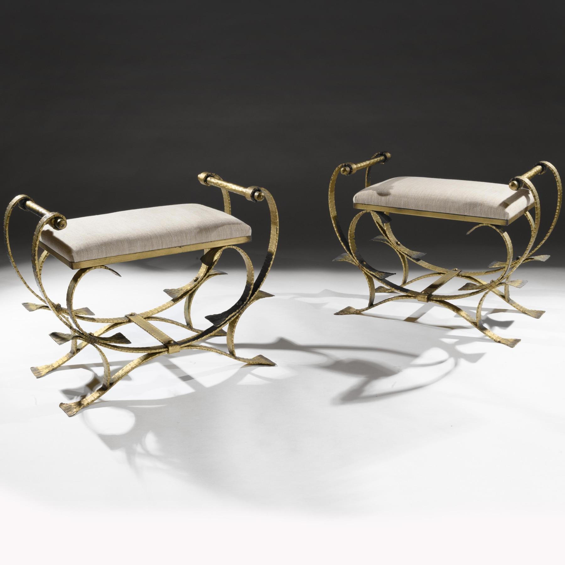 Pair of Mid-20th Century Spanish Gilt Metal and Linen Stools 8