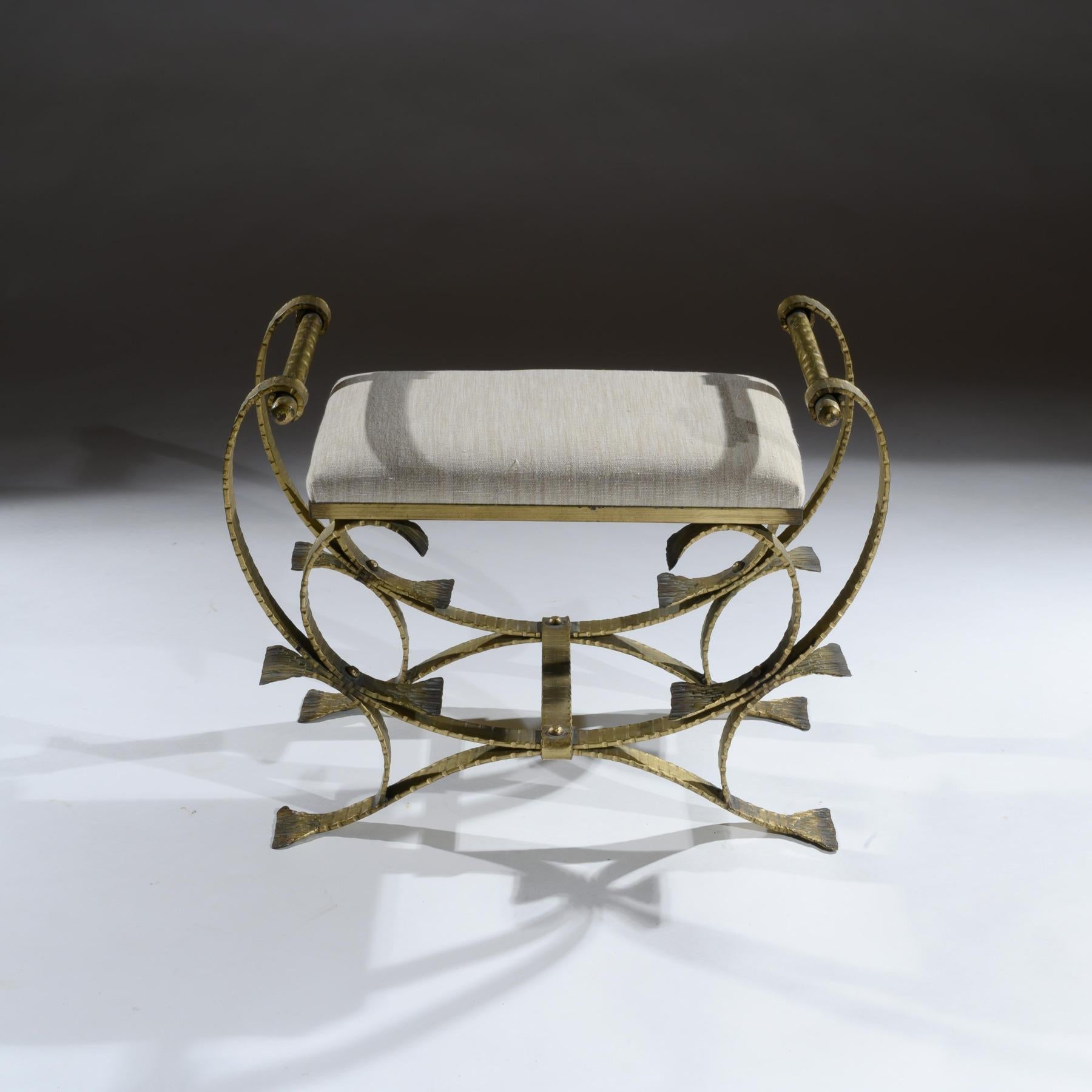 Pair of Mid-20th Century Spanish Gilt Metal and Linen Stools 1