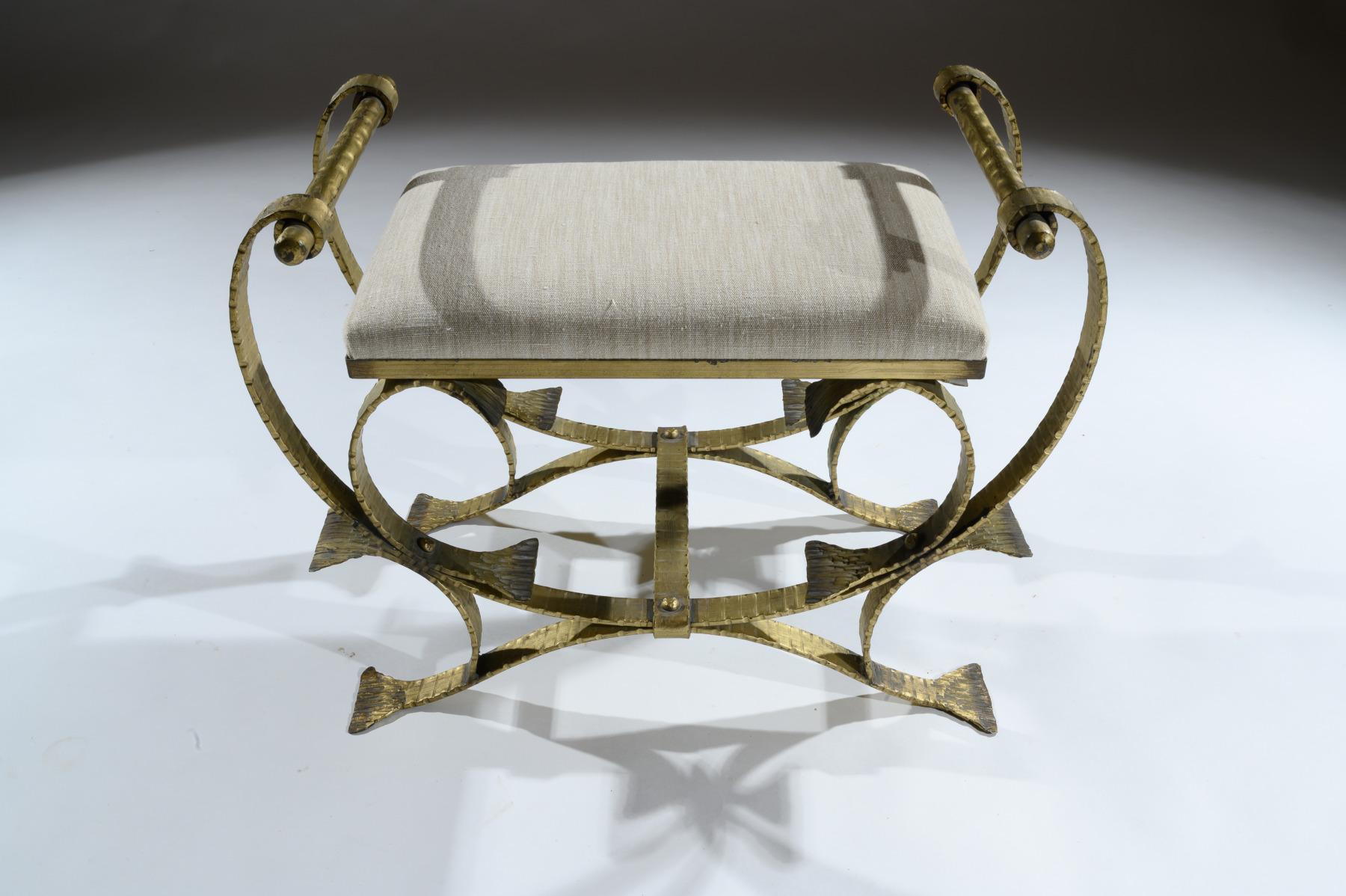 Pair of Mid-20th Century Spanish Gilt Metal and Linen Stools 2