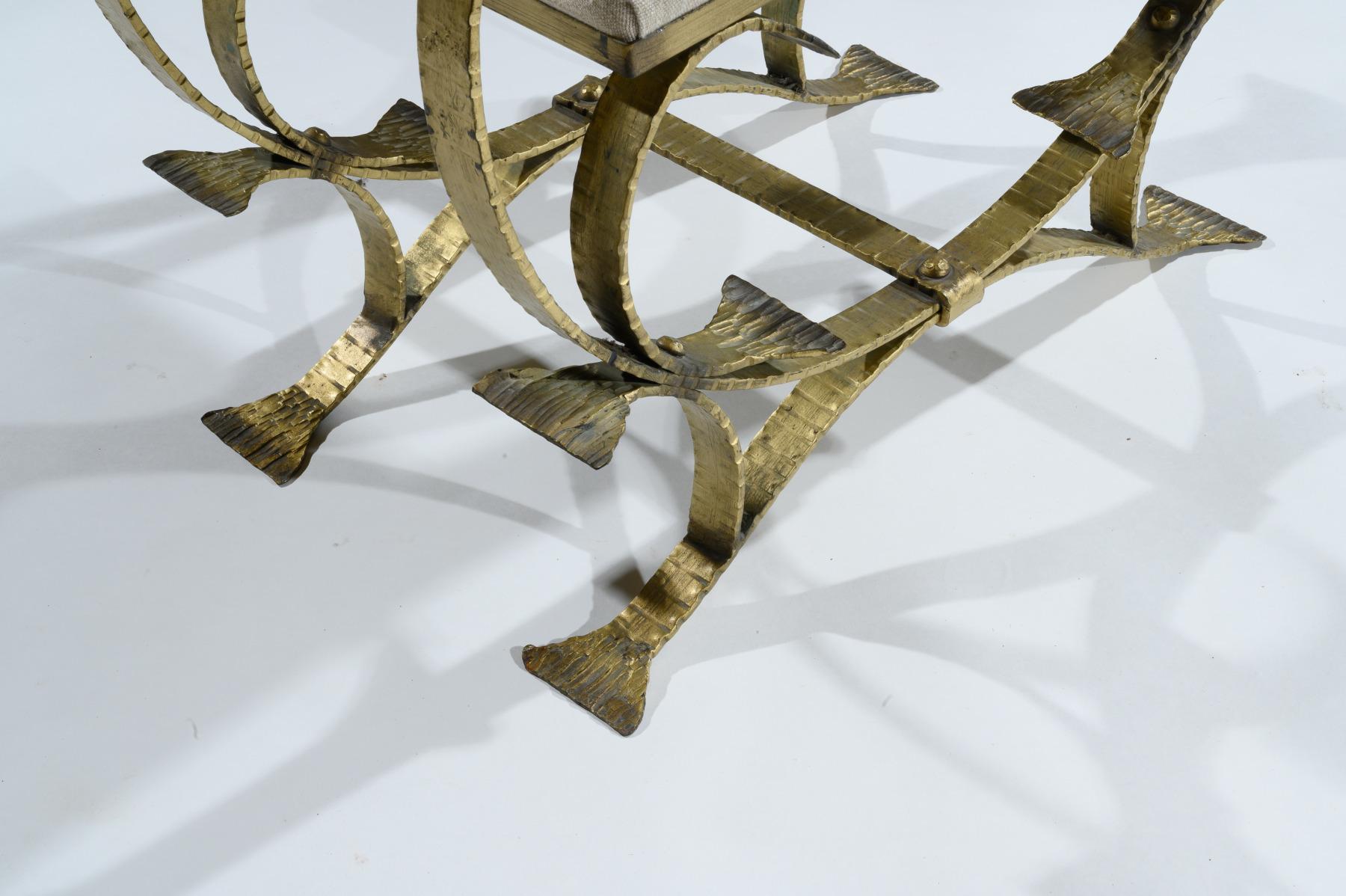 Pair of Mid-20th Century Spanish Gilt Metal and Linen Stools 4