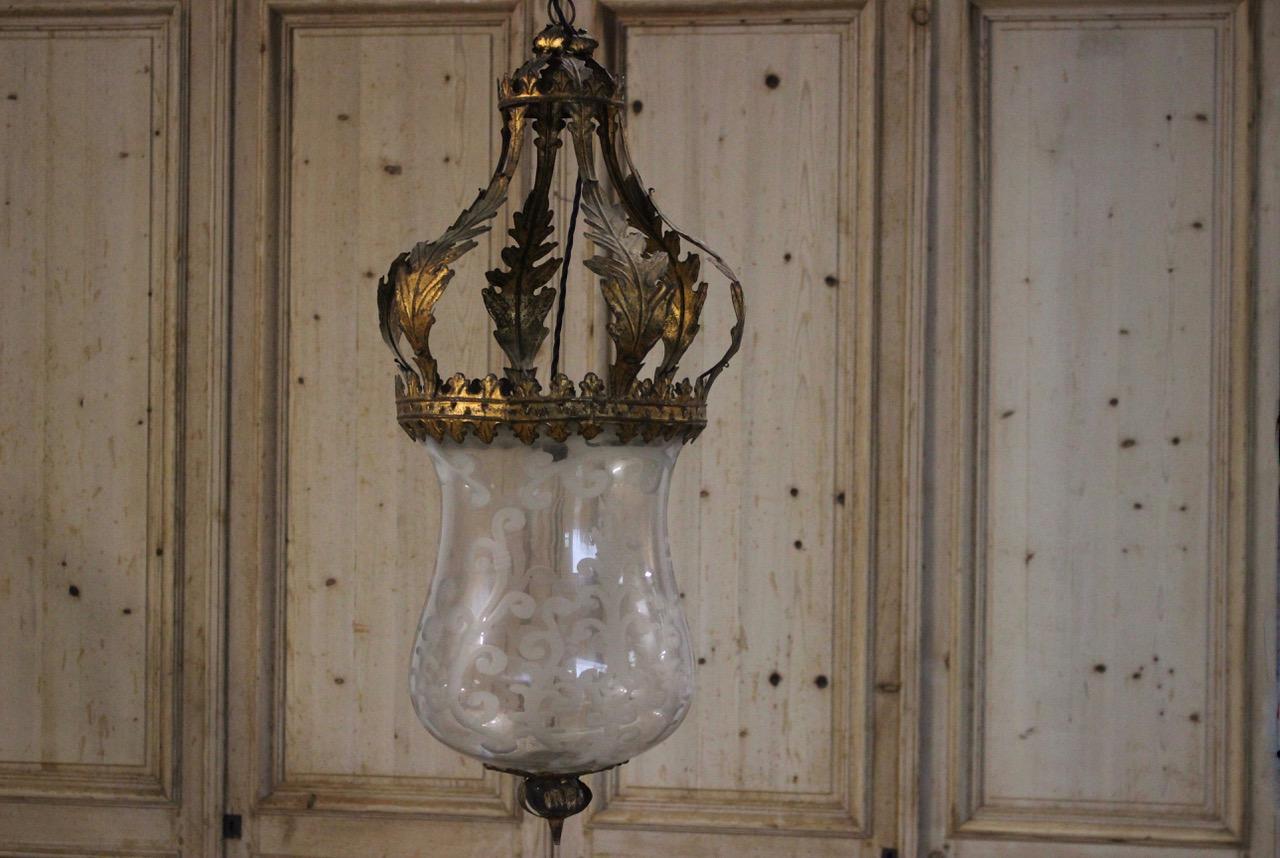 Pair of Mid-20th Century Spanish Lanterns with Crown Tops and Blown Etched Glass 6