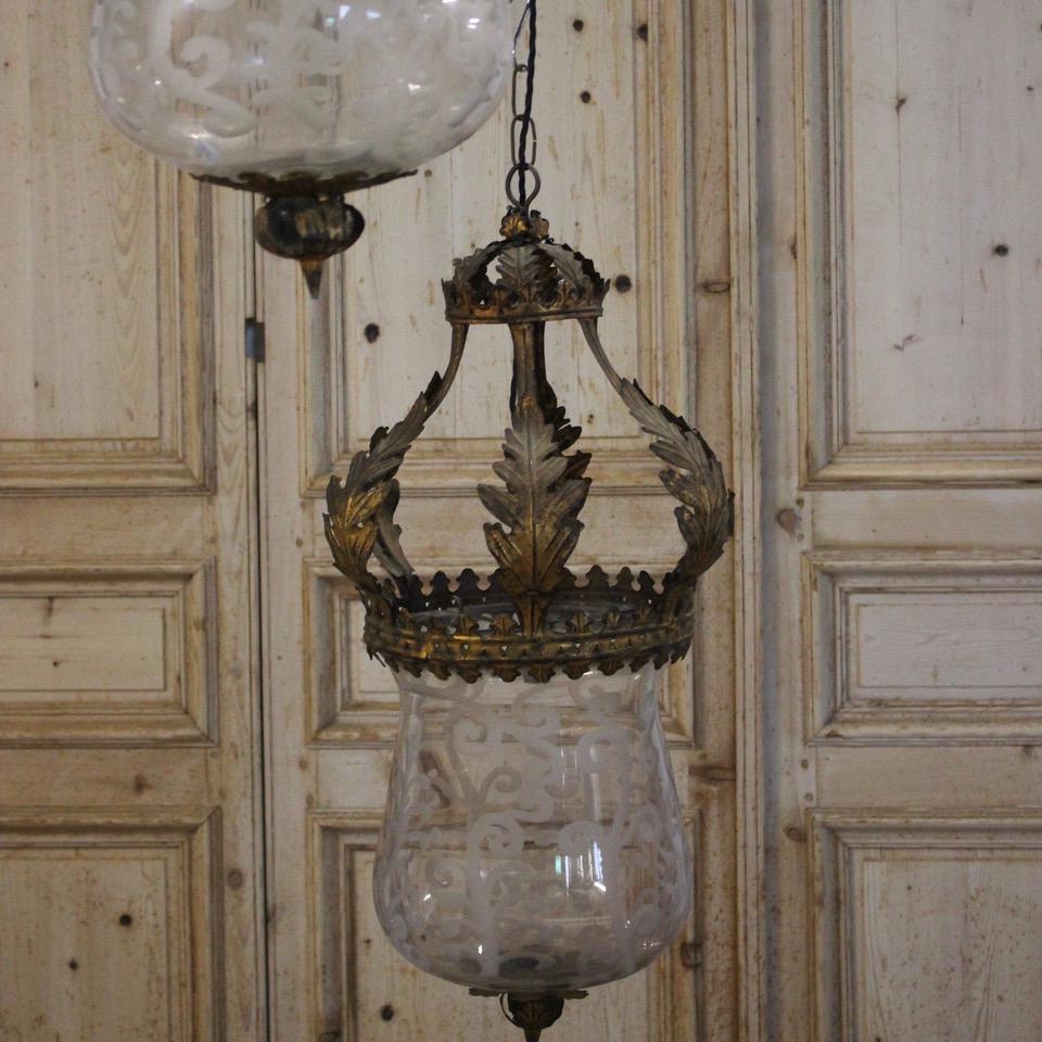 Pair of Mid-20th Century Spanish Lanterns with Crown Tops and Blown Etched Glass 7