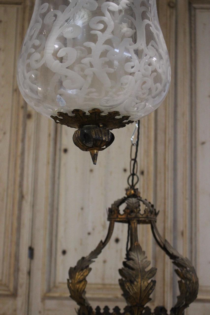 A very elegant pair of mid-20th century Spanish lanterns with gilded crown tops and blown etched glass, having been rewired for the UK .
Possibly Mallorca. Please note that they are priced as a pair, but we will be happy to sell them individually.