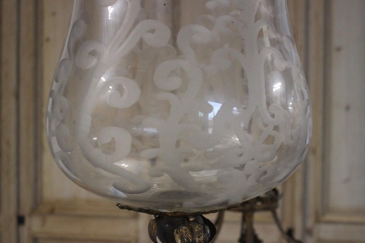 Metal Pair of Mid-20th Century Spanish Lanterns with Crown Tops and Blown Etched Glass