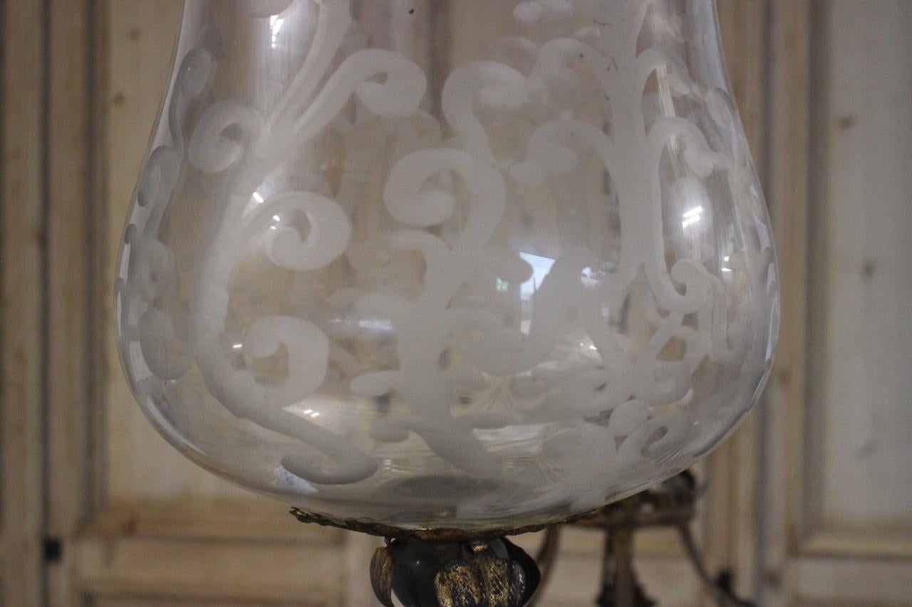 Pair of Mid-20th Century Spanish Lanterns with Crown Tops and Blown Etched Glass 1