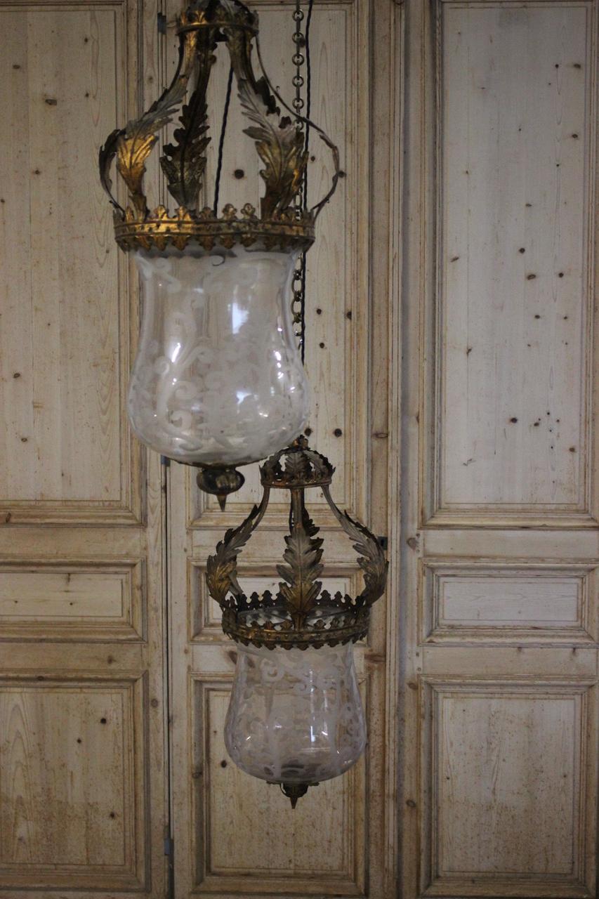 Pair of Mid-20th Century Spanish Lanterns with Crown Tops and Blown Etched Glass 2