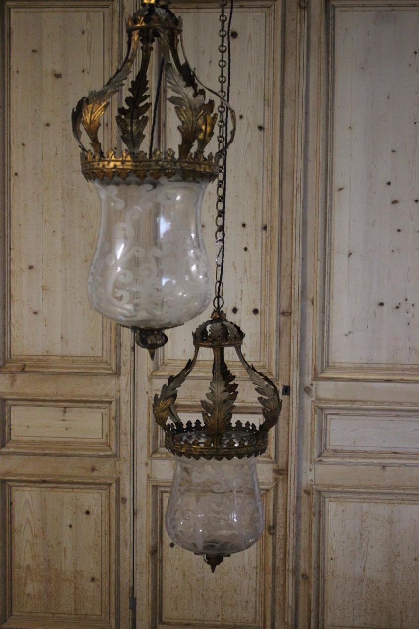 Pair of Mid-20th Century Spanish Lanterns with Crown Tops and Blown Etched Glass 4