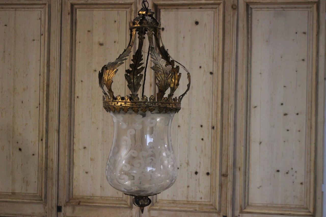 Pair of Mid-20th Century Spanish Lanterns with Crown Tops and Blown Etched Glass 5