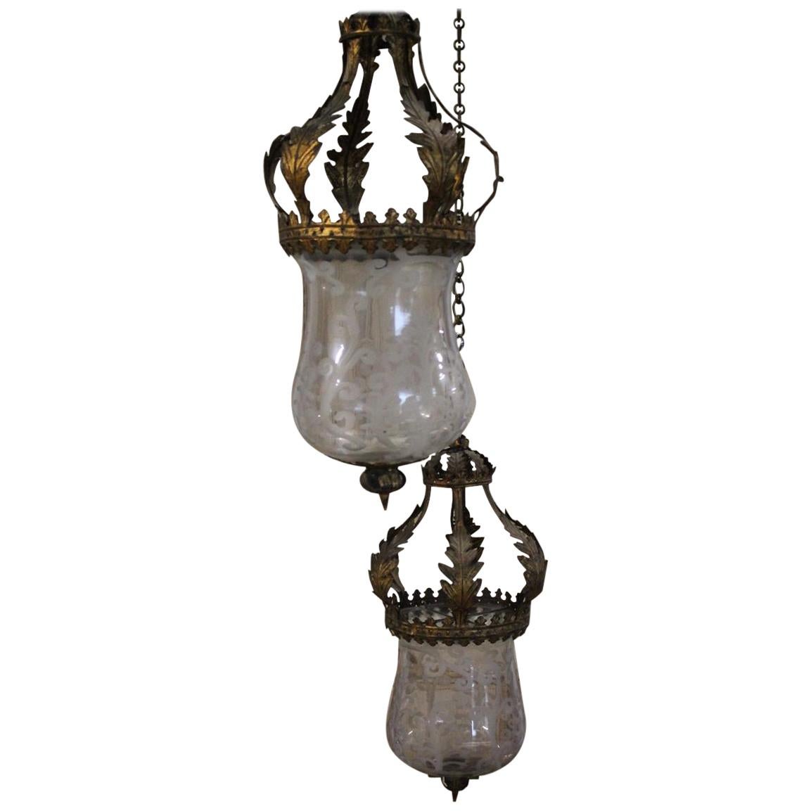 Pair of Mid-20th Century Spanish Lanterns with Crown Tops and Blown Etched Glass