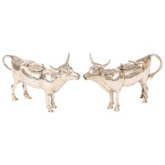 Vintage Pair of Mid-20th Century Sterling Silver Cow Creamers by Israel Freeman