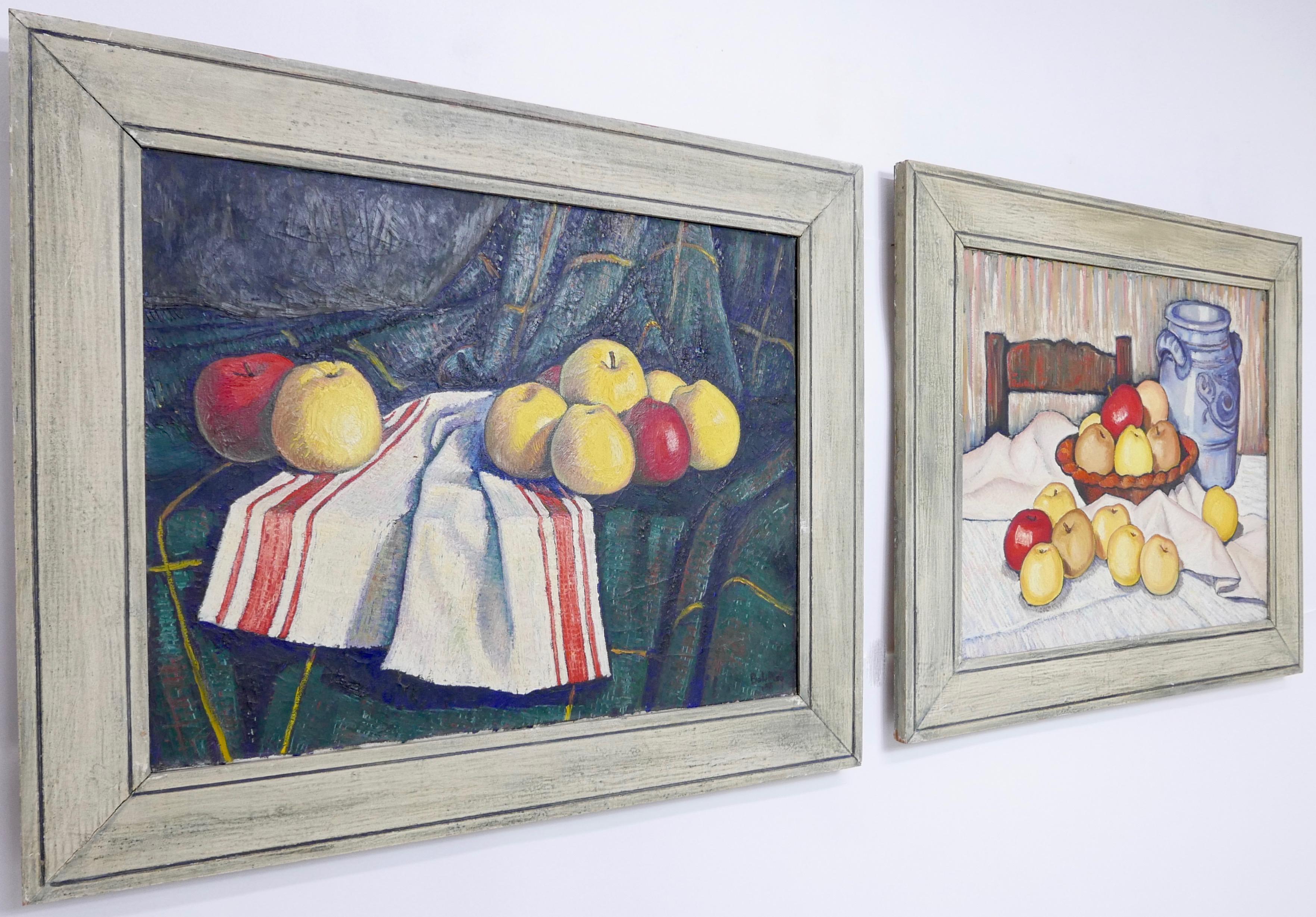 Two companion Impressionist style still life paintings of apples, signed Bolomey, and dated 1948.
Oil on canvas displayed in original vintage wood frames.
American.