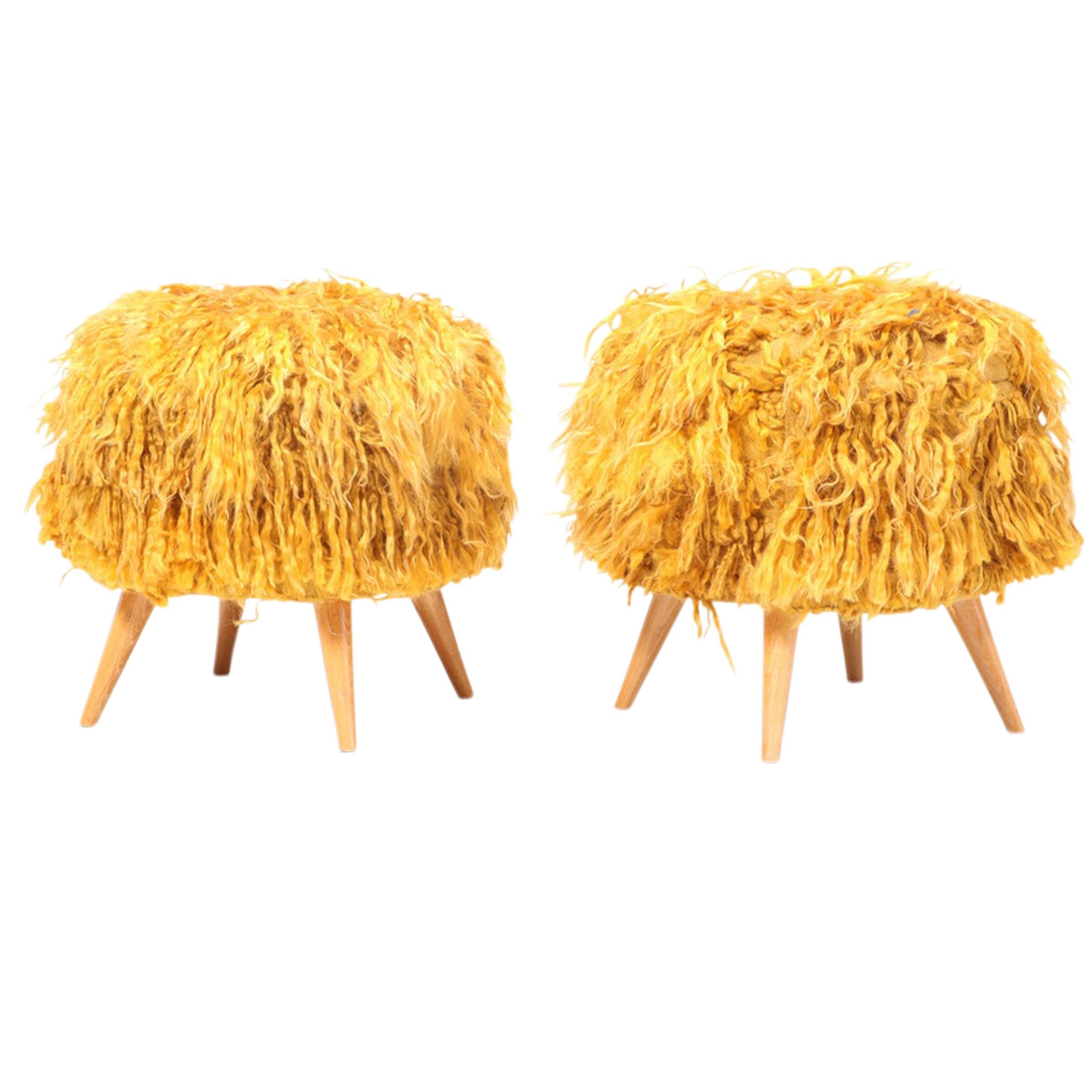 Mid-Century Modern Pair of Mid-20th Century Stools Upholstered in Vintage Angora Tulu Rugs