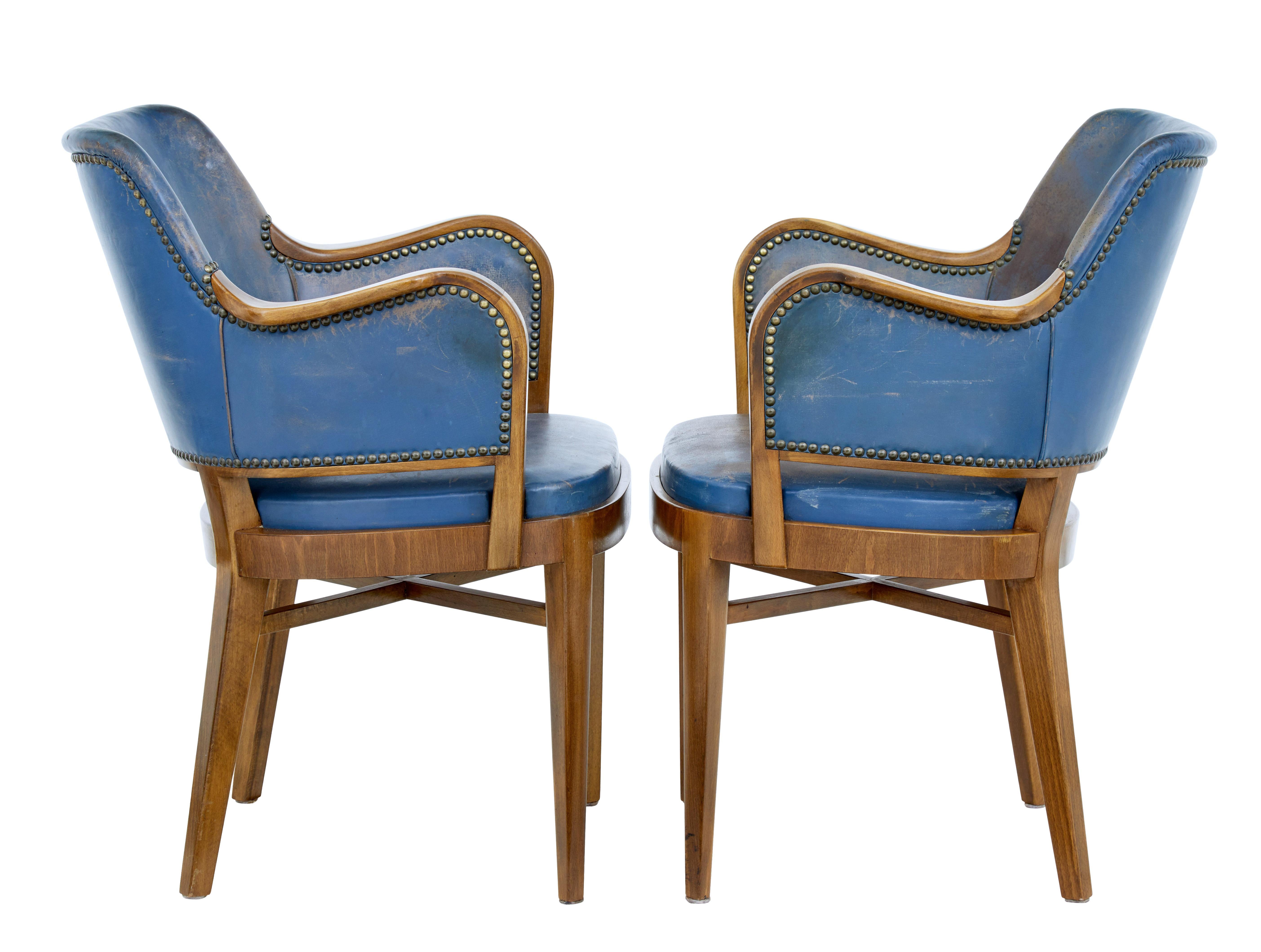 Swedish Pair of Mid-20th Century Teak and Leather Armchairs