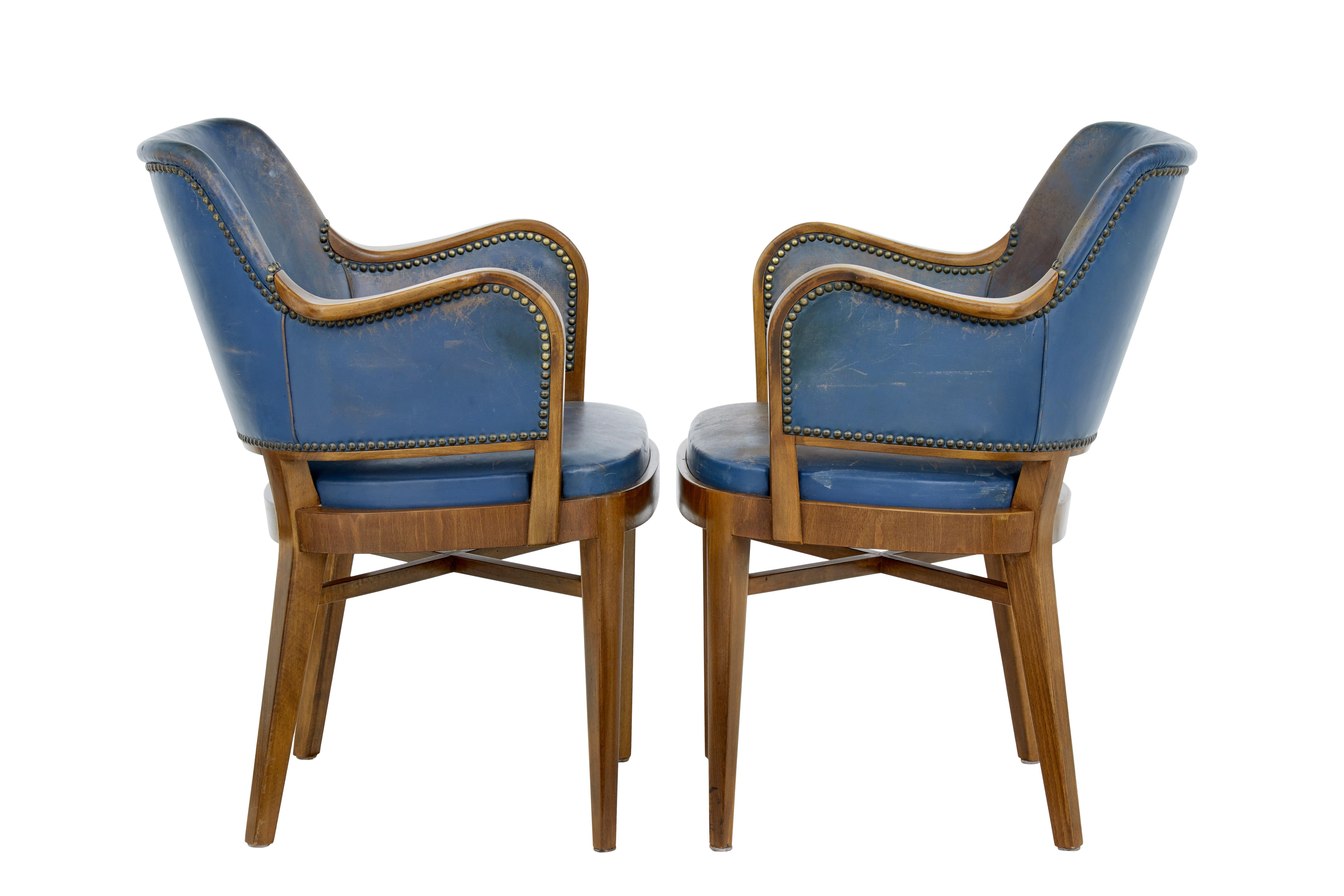 Swedish Pair of Mid-20th Century Teak and Leather Armchairs