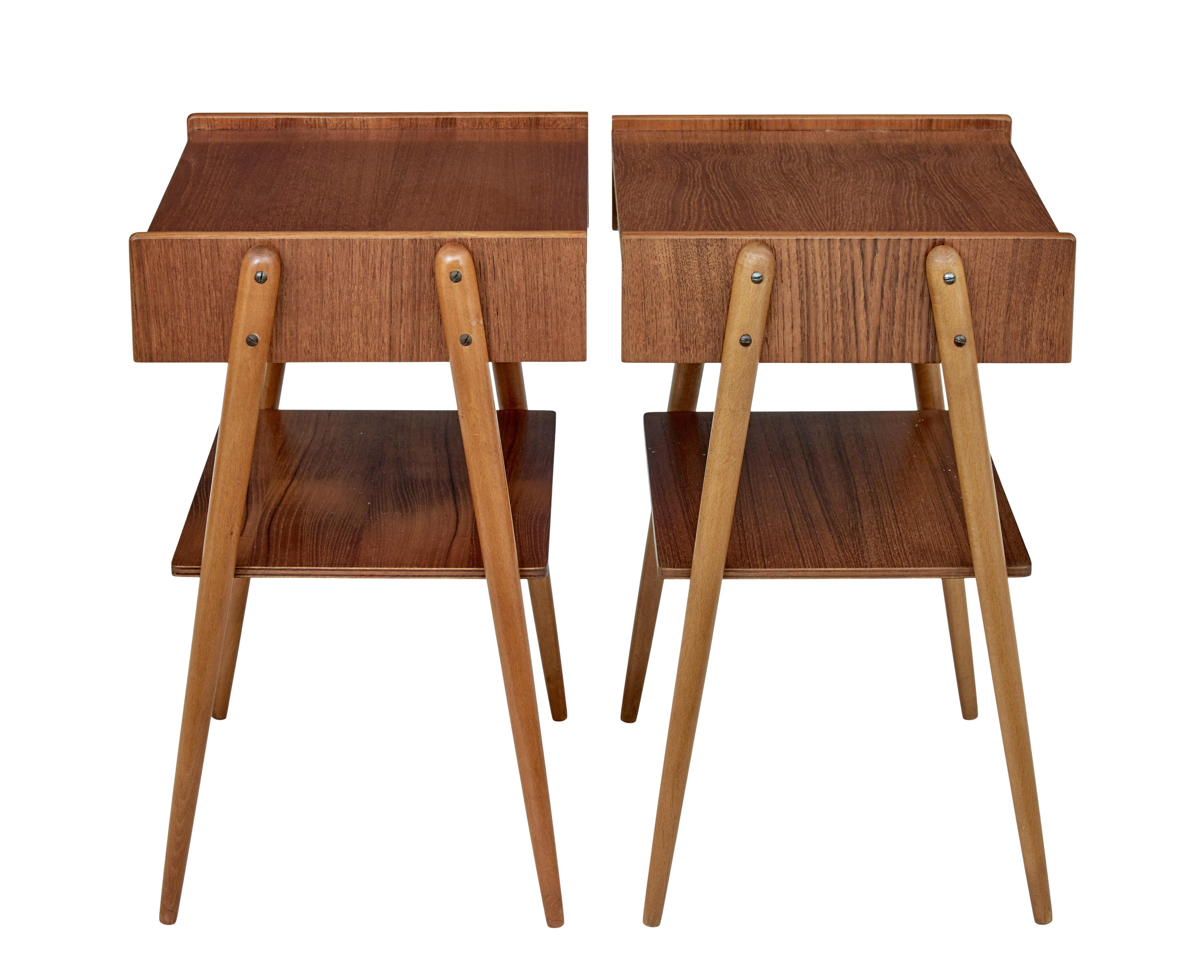 Pair of mid-20th century teak bedside tables by AB Carlstrom & Co Mobelfabrik, circa 1960.

Original and well know design of bedside tables by Swedish Company Carlstrom & Co. Veneered in teak, with single drawer below the top surface and a further