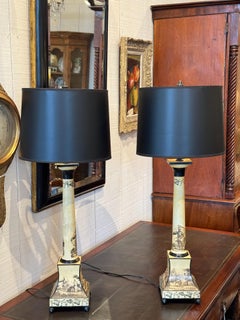 Pair of Mid-20th Century Tole Column Lamps With Classical Scene Decoration