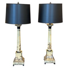 Pair of Mid-20th Century Tole Column Lamps With Classical Scene Decoration