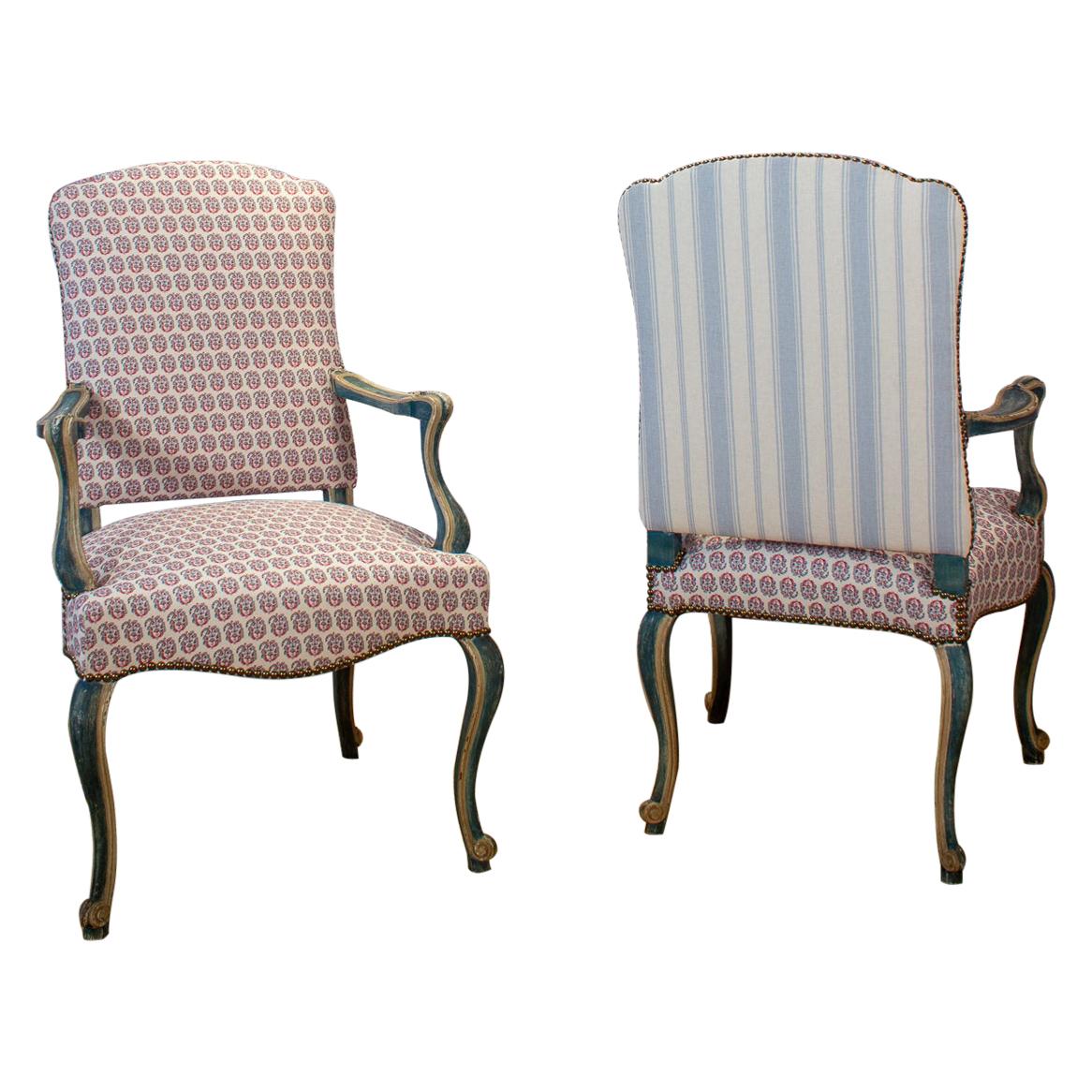 Pair of Mid 20th Century Venetian Style Blue and Off White Painted Armchairs