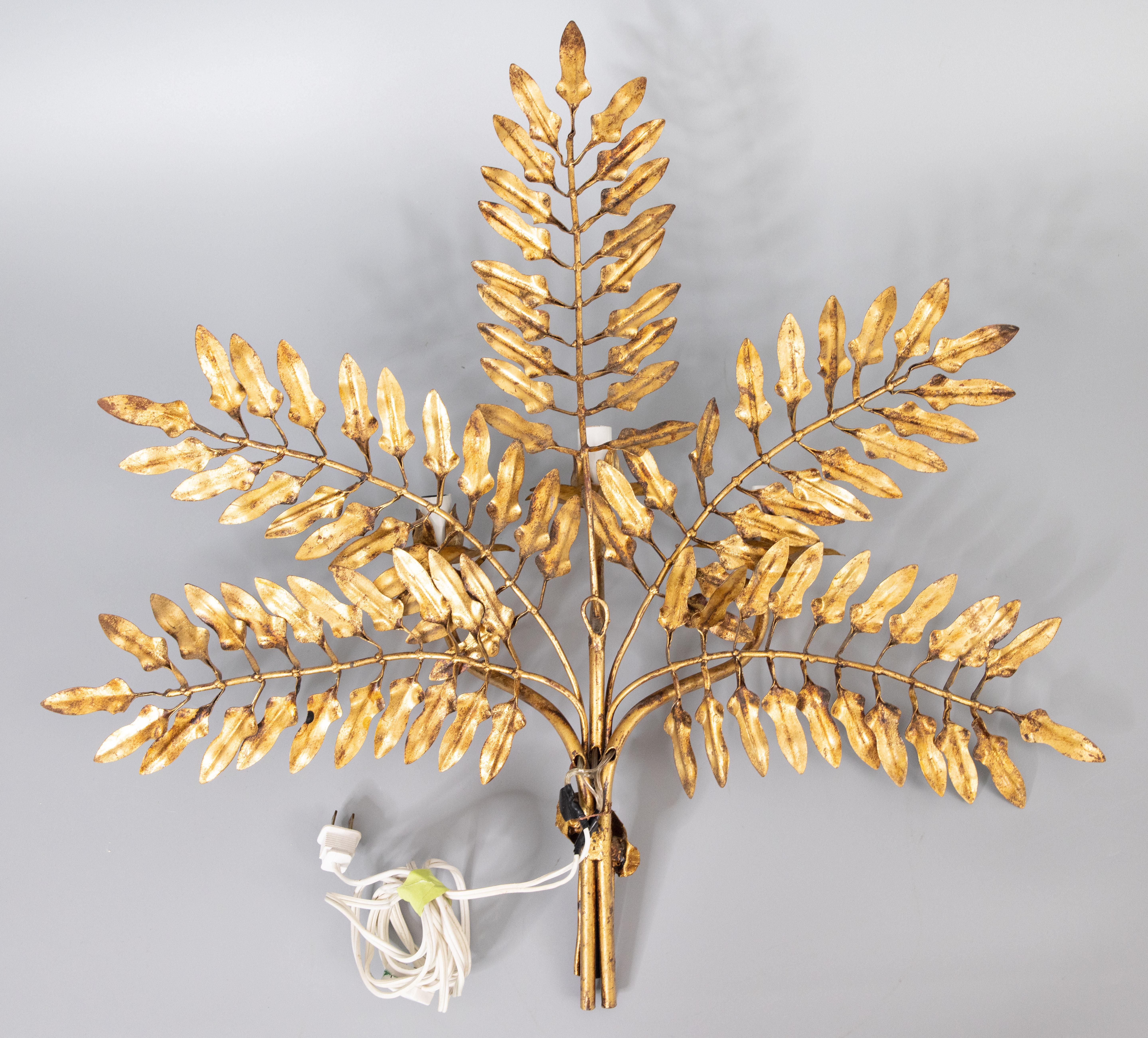 Pair of Mid-20th Century Vintage Italian Gilt Tole Leaf Light Sconces 5