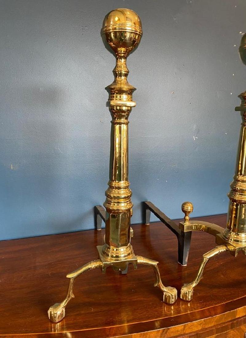 Pair of mid 20th century Virginia Metalcrafters brass Andirons with paw feet
Engraved with 