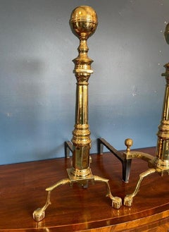 Pair of Mid 20th Century Virginia Metalcrafters Brass Andirons with Paw Feet