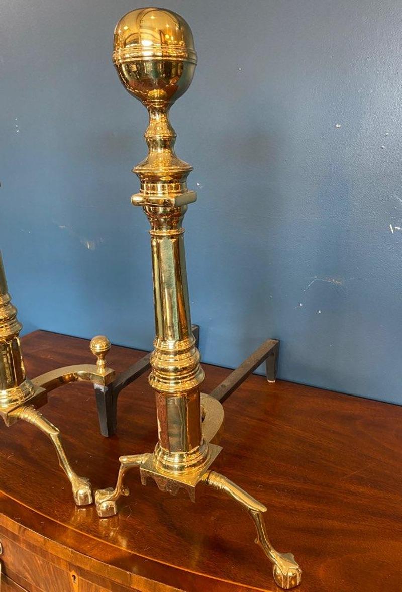 American Pair of Mid 20th Century Virginia Metalcrafters Brass Andirons with Paw Feet For Sale