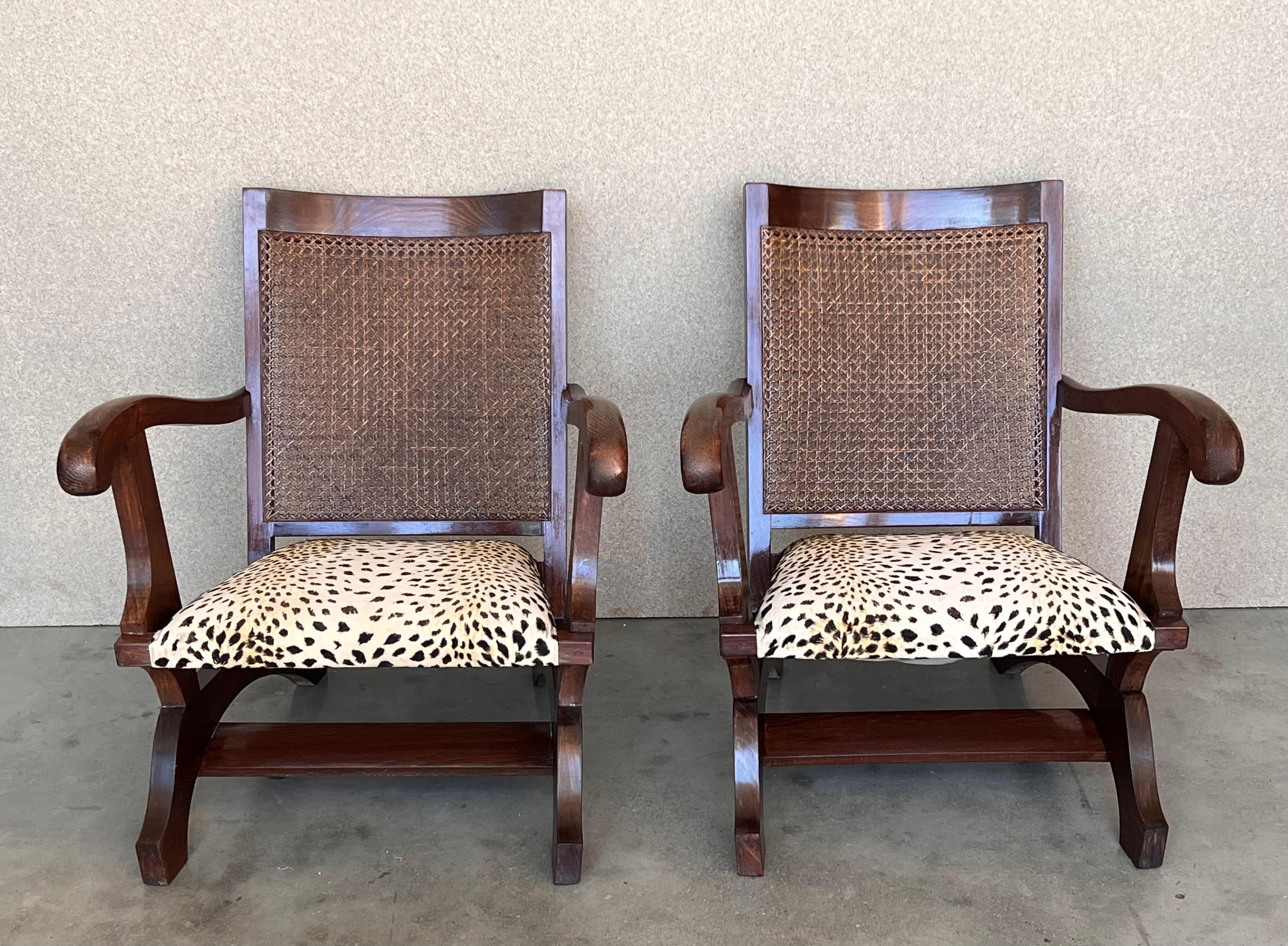 Pair of Mid 20th Century Walnut, Caned Back Fireplace Low Armchairs In Good Condition For Sale In Miami, FL