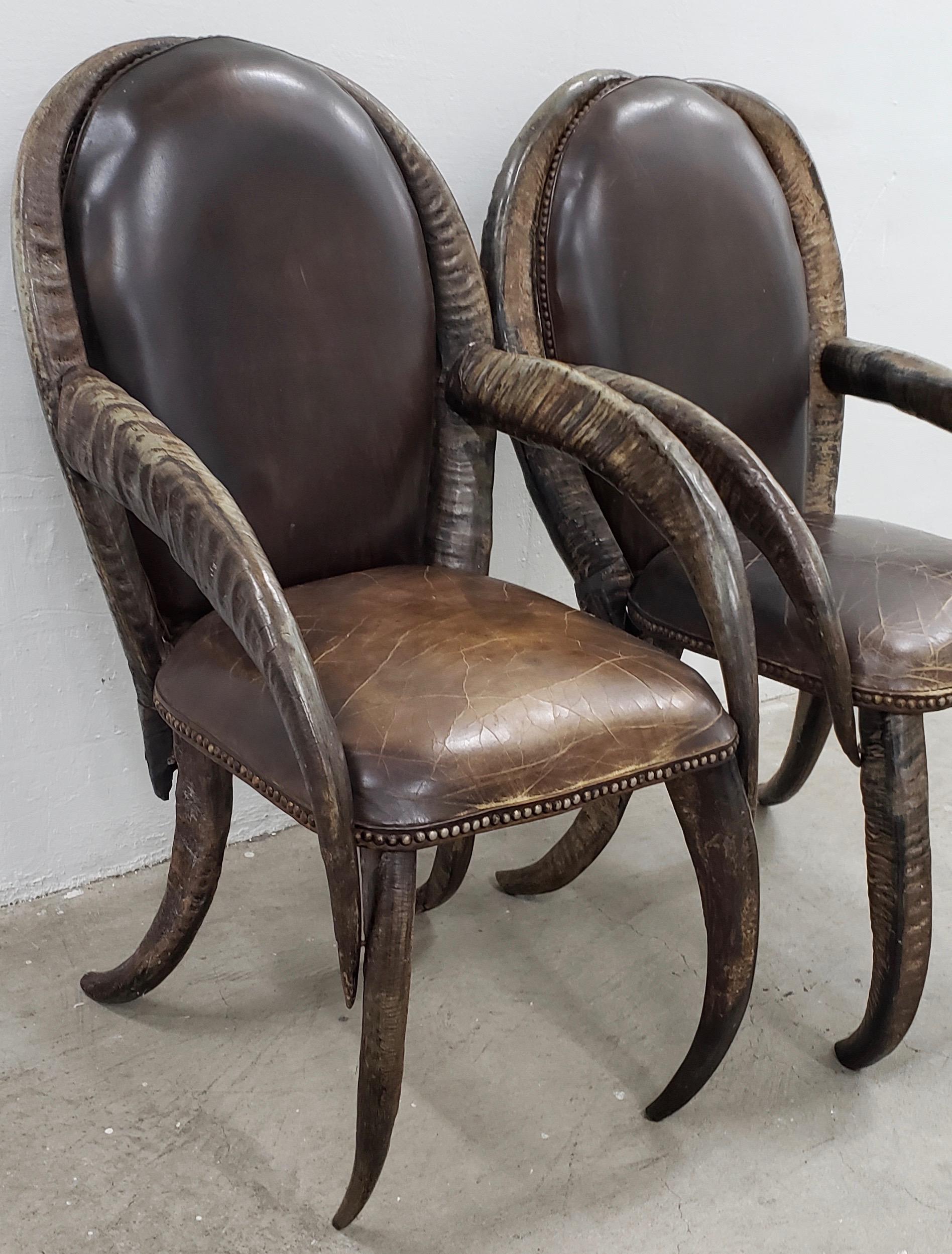Pair of mid-20th century water buffalo horn and leather armchairs

Fantastic pair of leather and horn arm chairs. The leather seats are lightly worn and the chairs are solid and comfortable to sit in.

Each chair measures 20