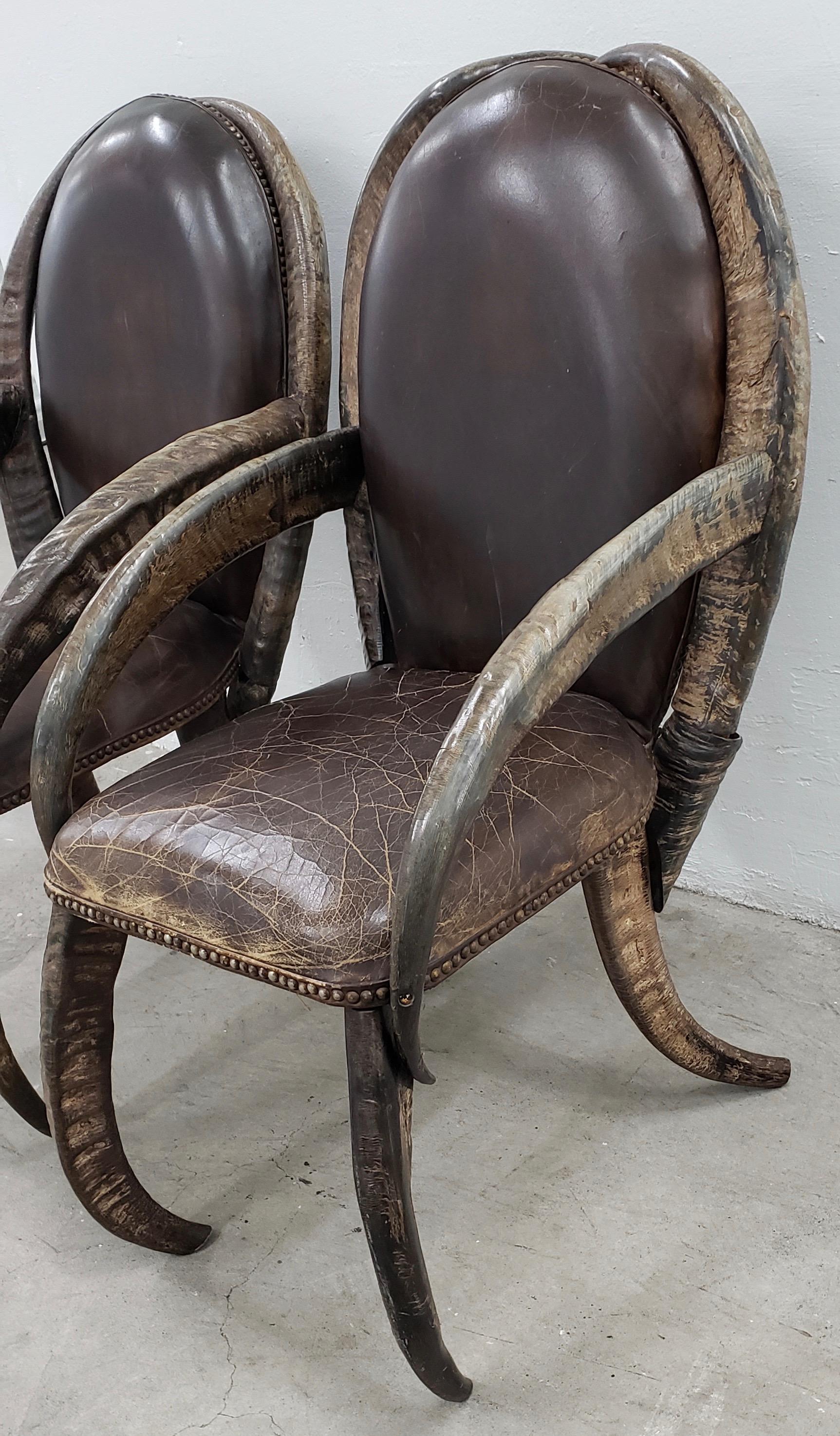 Mid-Century Modern Pair of Mid-20th Century Water Buffalo Horn and Leather Armchairs