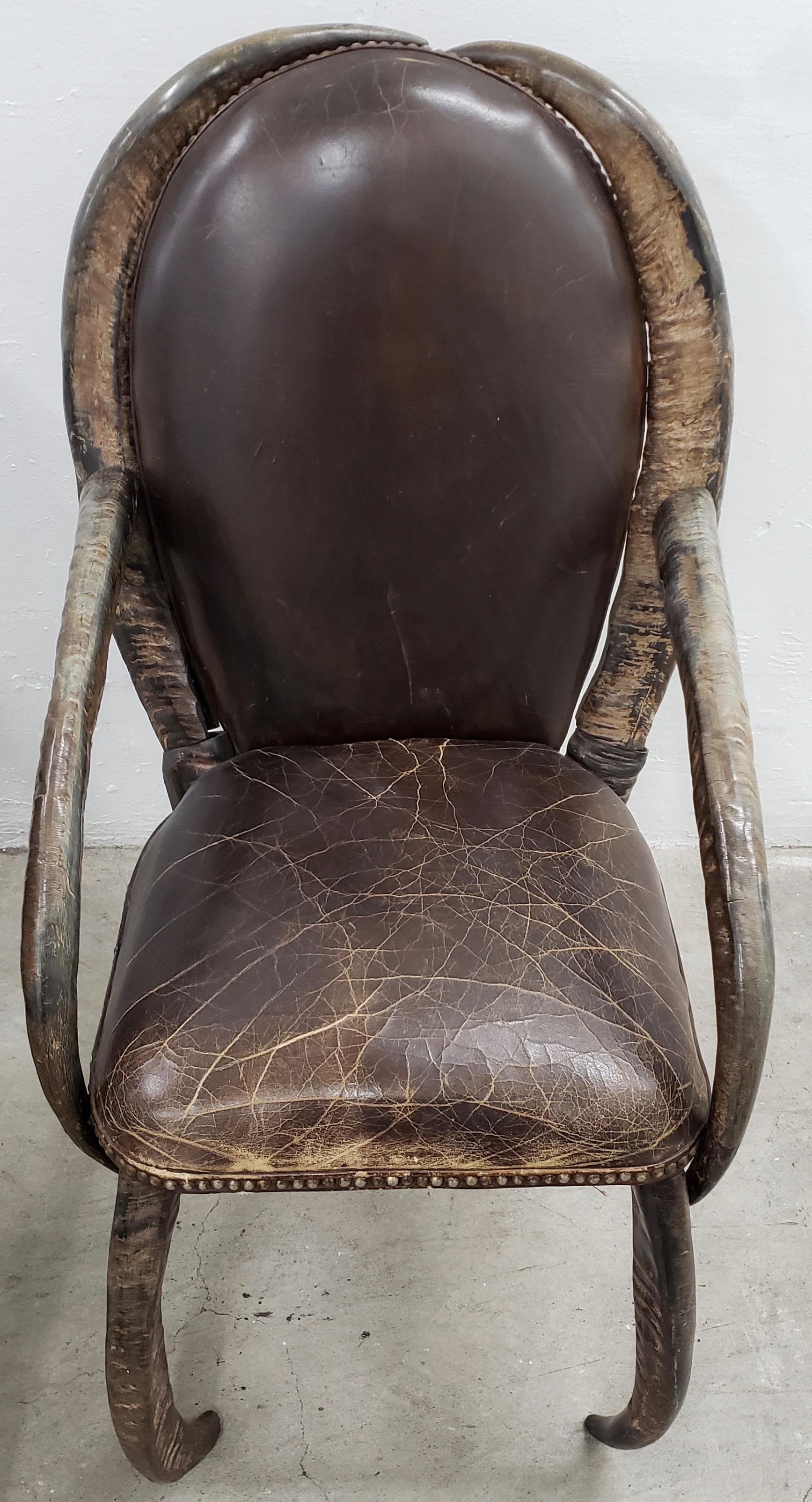 Hand-Crafted Pair of Mid-20th Century Water Buffalo Horn and Leather Armchairs