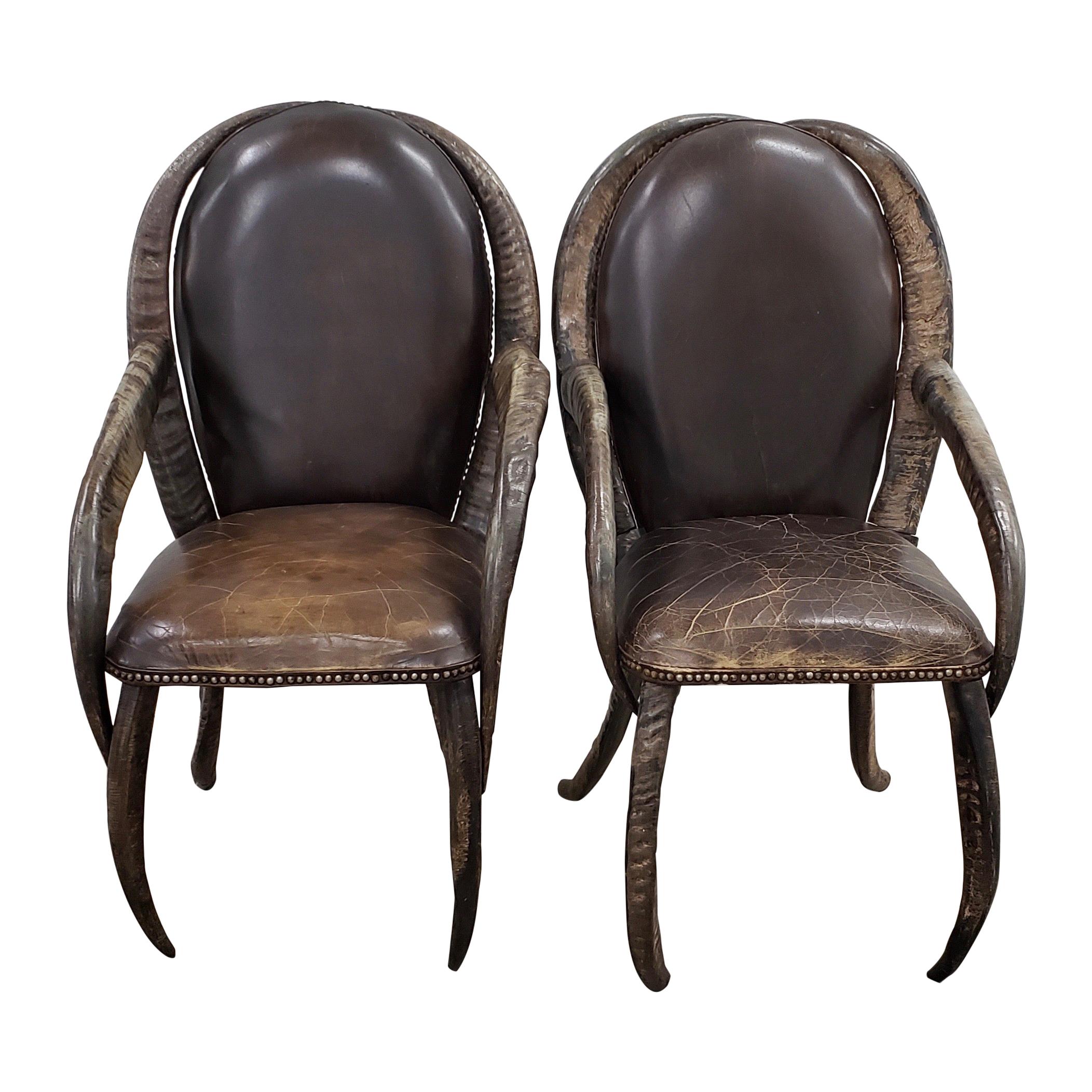 Pair of Mid-20th Century Water Buffalo Horn and Leather Armchairs