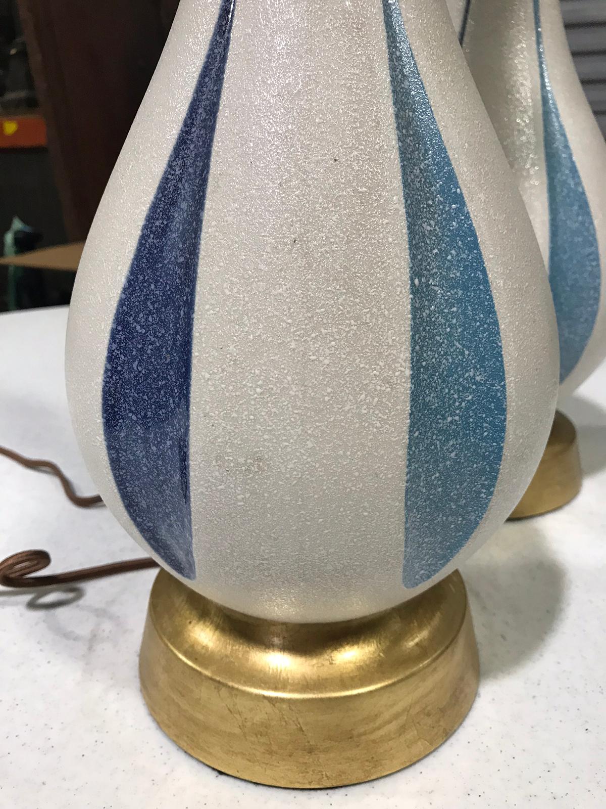 Pair of Mid-20th Century White and Blue Pottery Lamps on Custom Gilt Bases 1