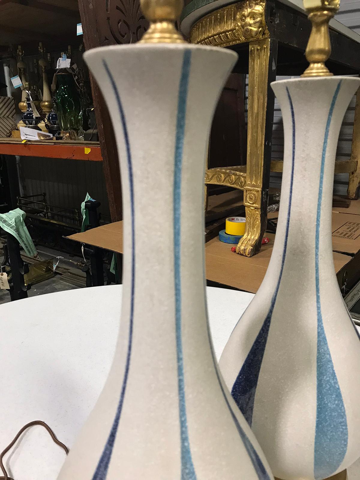 Pair of Mid-20th Century White and Blue Pottery Lamps on Custom Gilt Bases 2