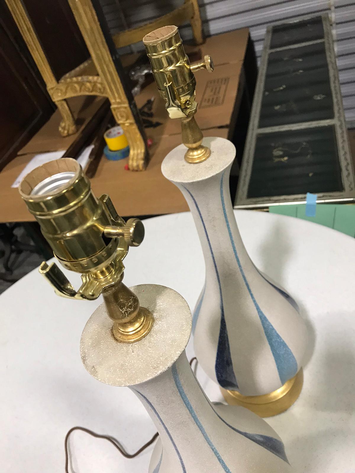 Pair of Mid-20th Century White and Blue Pottery Lamps on Custom Gilt Bases 3