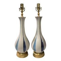 Pair of Mid-20th Century White and Blue Pottery Lamps on Custom Gilt Bases