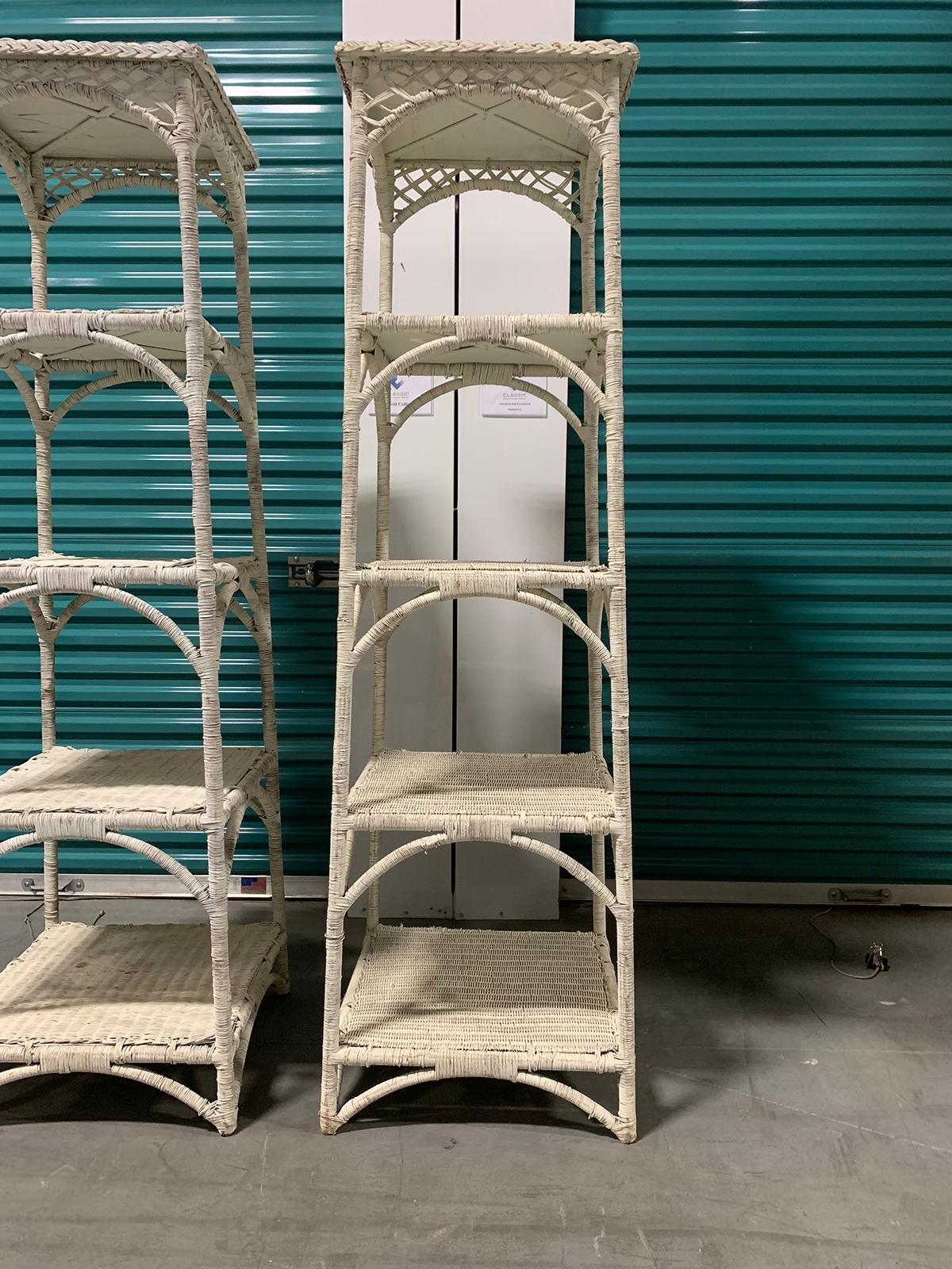 Pair of Mid-20th Century White Whicker Étagères with Reinforced Shelving For Sale 1