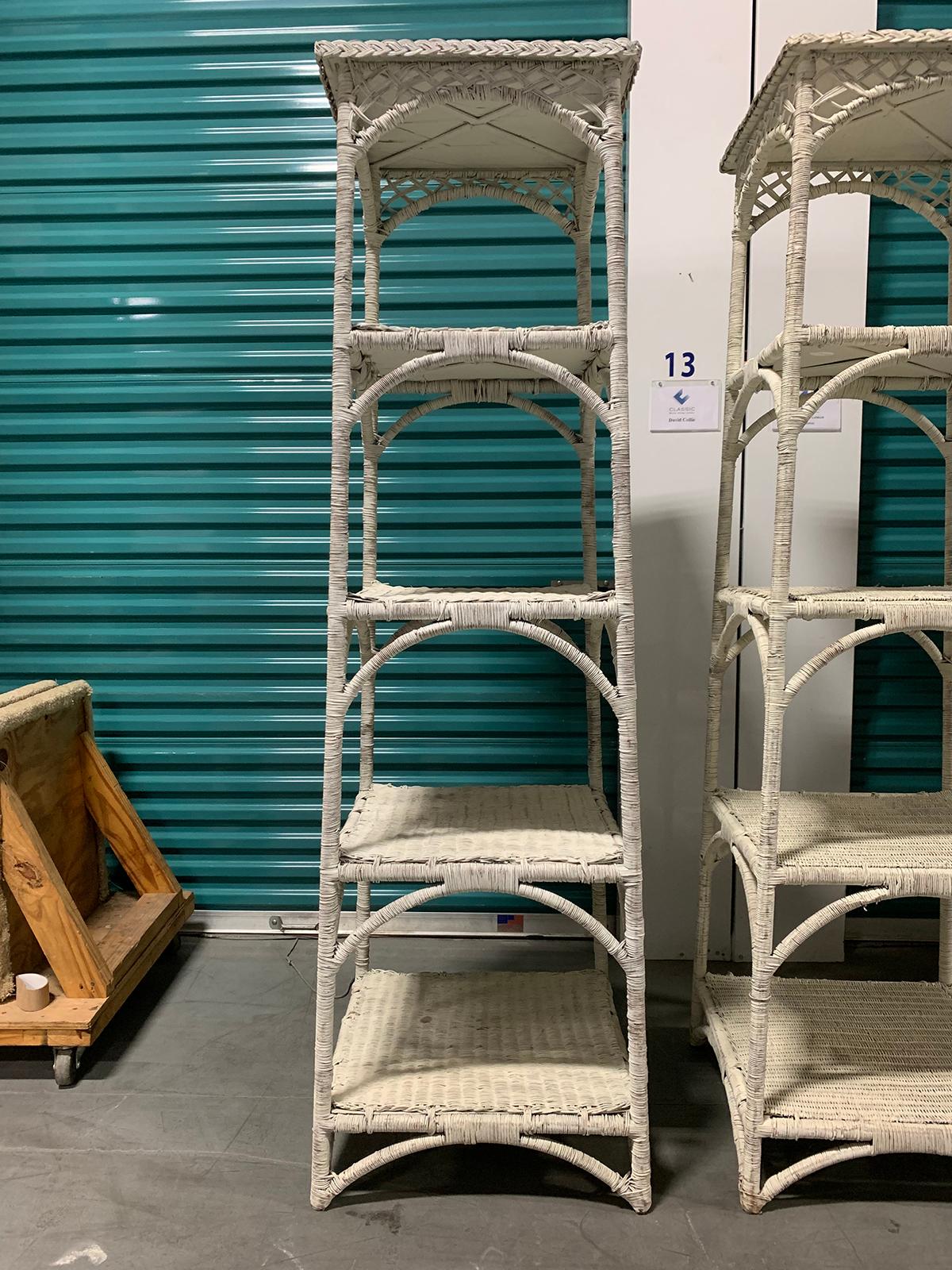 Pair of Mid-20th Century White Whicker Étagères with Reinforced Shelving For Sale 2