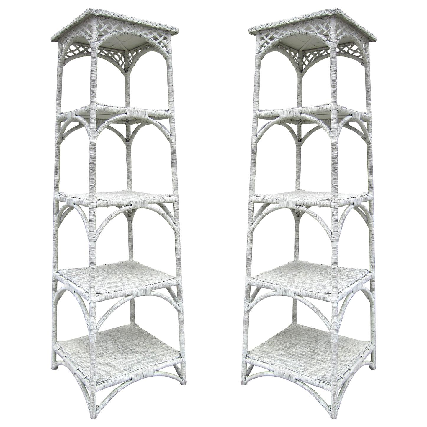 Pair of Mid-20th Century White Whicker Étagères with Reinforced Shelving For Sale