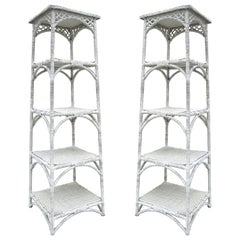 Pair of Mid-20th Century White Whicker Étagères with Reinforced Shelving