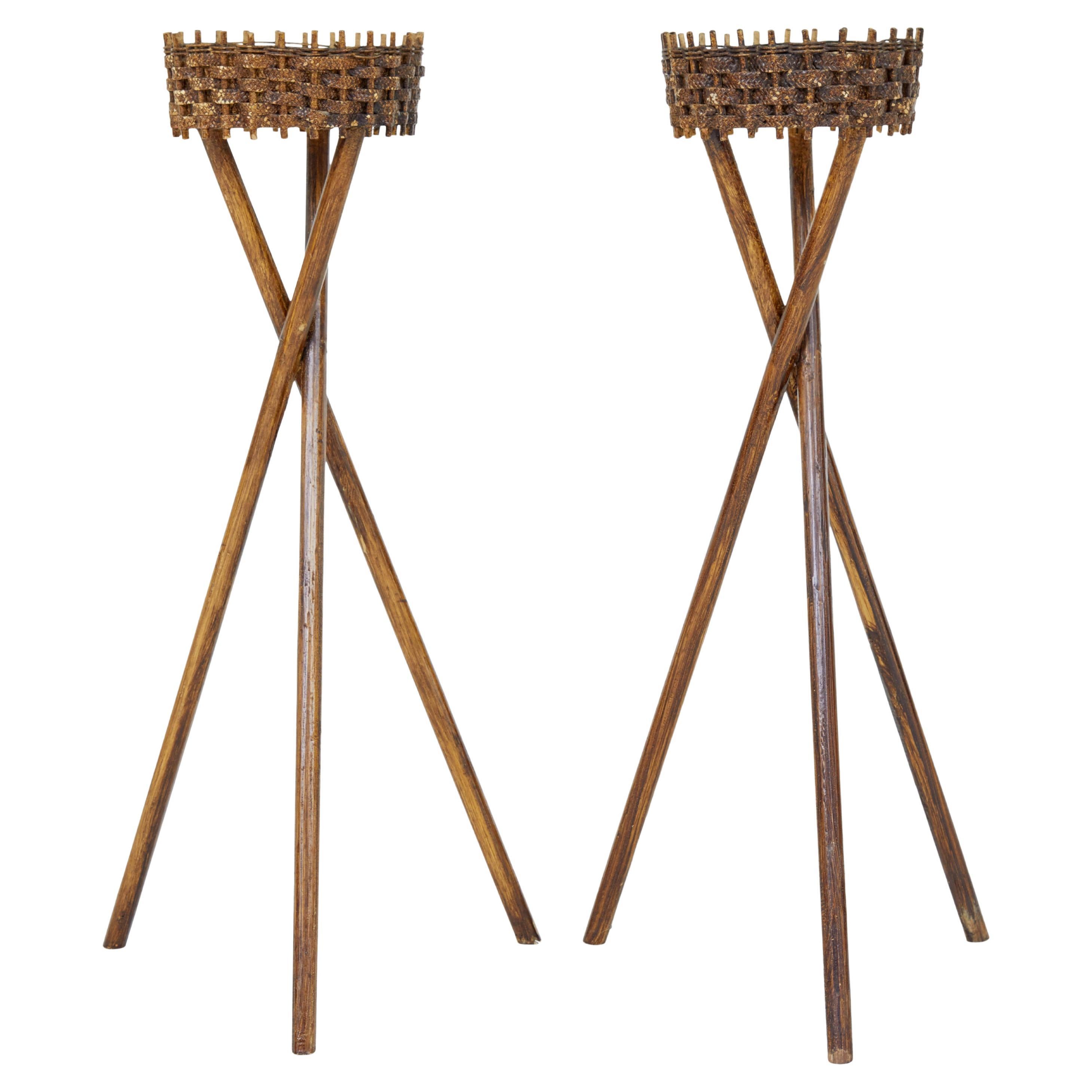 Pair of mid 20th century woven plant stands For Sale