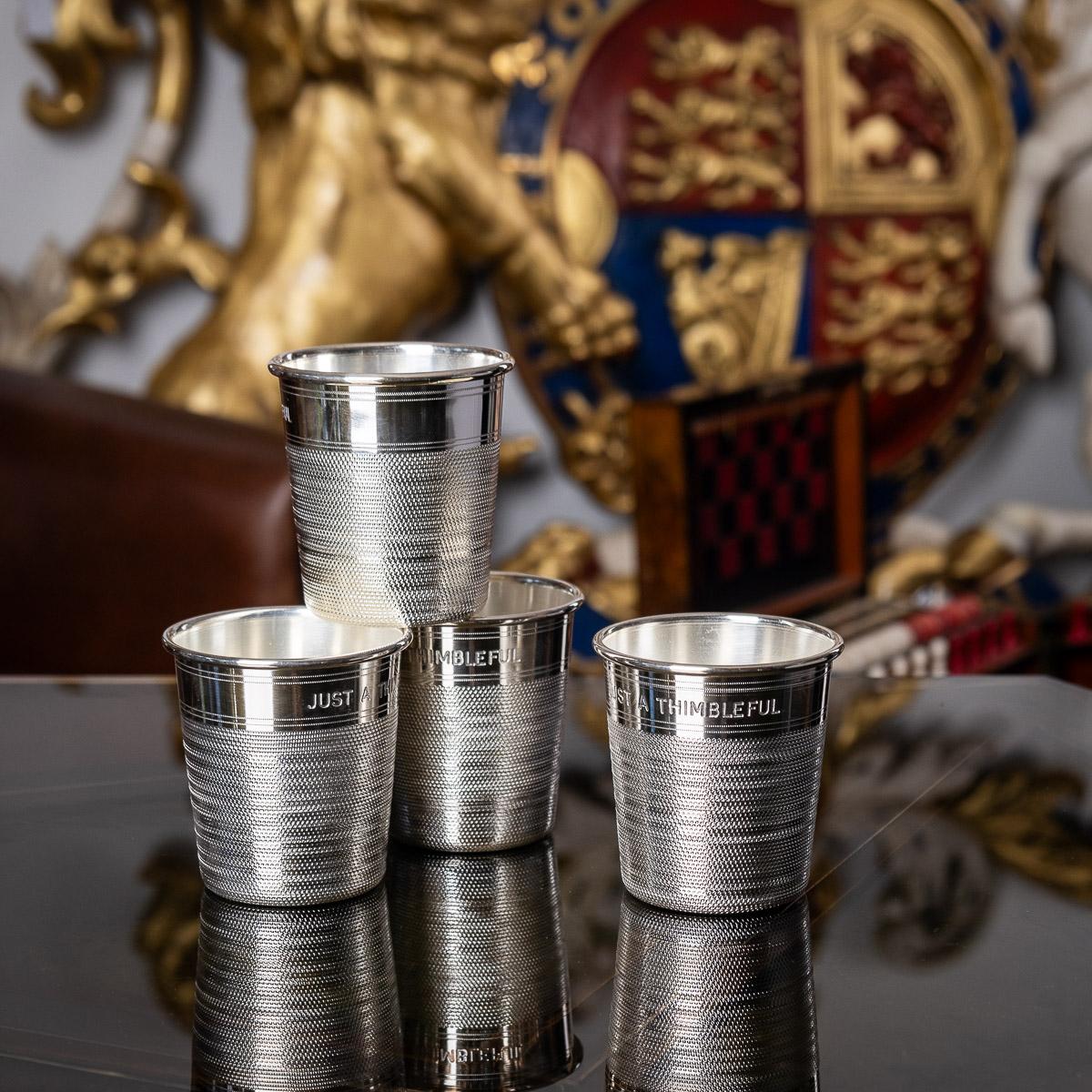 Pair of Mid 20th Century English novelty silver plated 'just a thimbleful' beakers, large size, stylish design imitating a thimble.

Each beaker is Hallmarked R.H.V & CO, SILVER PLATED, Made in England. 

CONDITION
In Great Condition - No