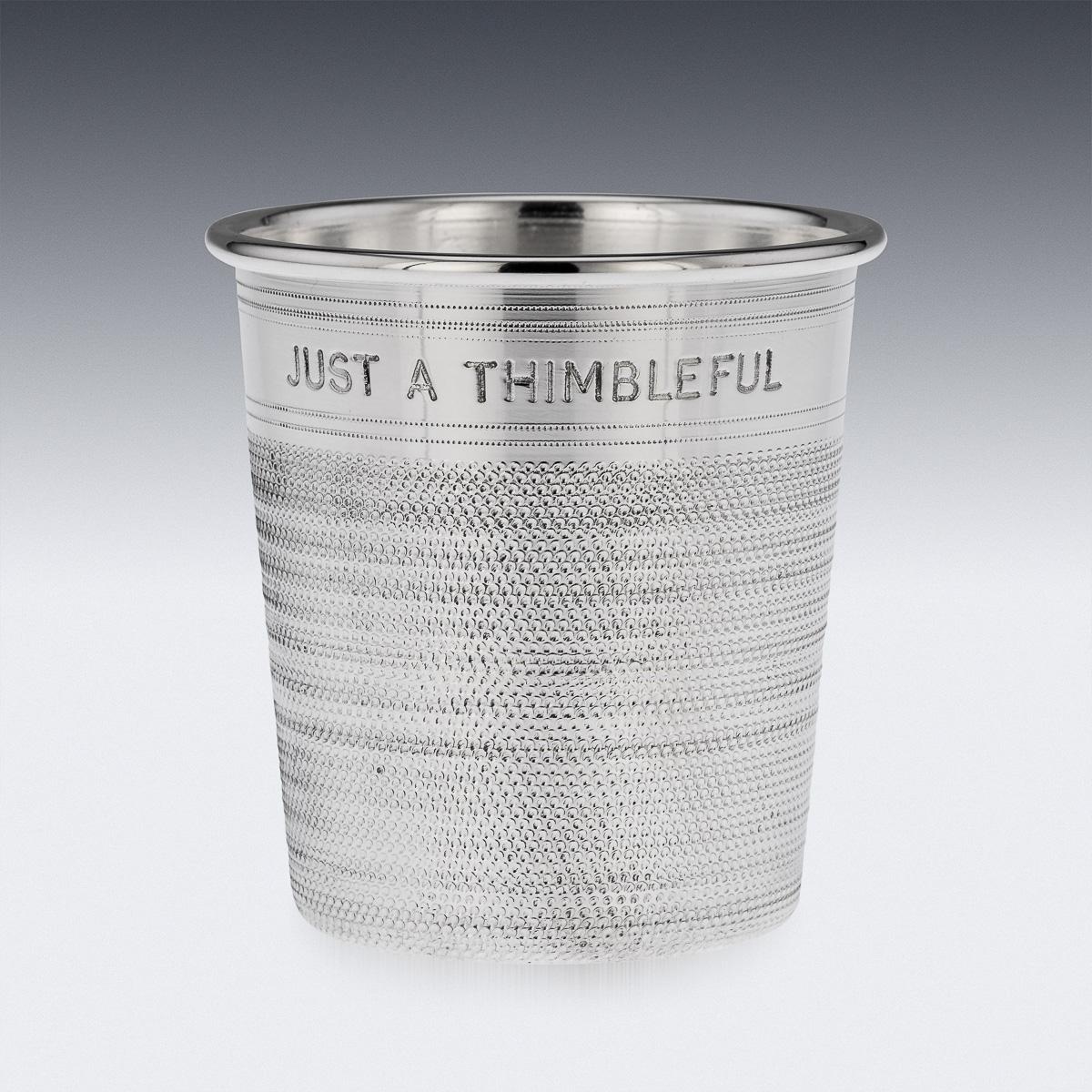 Other Pair Of Mid 20thC English Silver Plated 'Just A Thimbleful' Beakers c.1950 For Sale