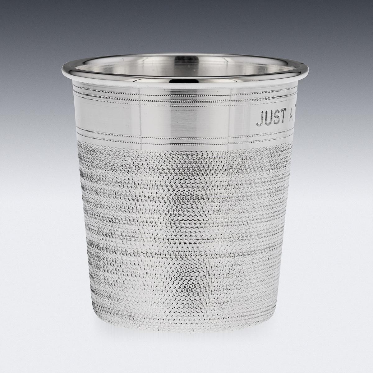 20th Century Pair Of Mid 20thC English Silver Plated 'Just A Thimbleful' Beakers c.1950 For Sale