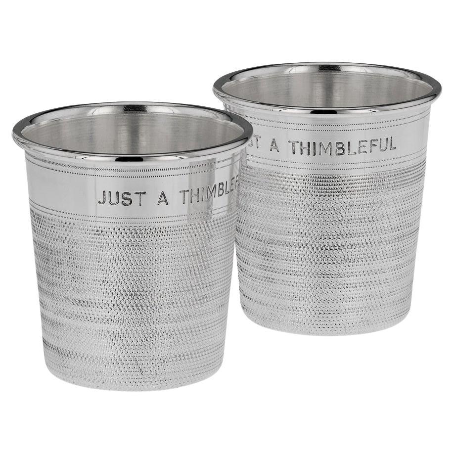 Pair Of Mid 20thC English Silver Plated 'Just A Thimbleful' Beakers c.1950 For Sale