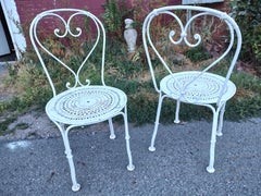 Pair of Mid 20thC French Iron Pierced Seats & Hearts Garden Bistro Dining Chairs