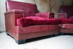 Pair of Mid-20thc Red Leather & Velvet Upholstered Club Armchairs, C.1935-55