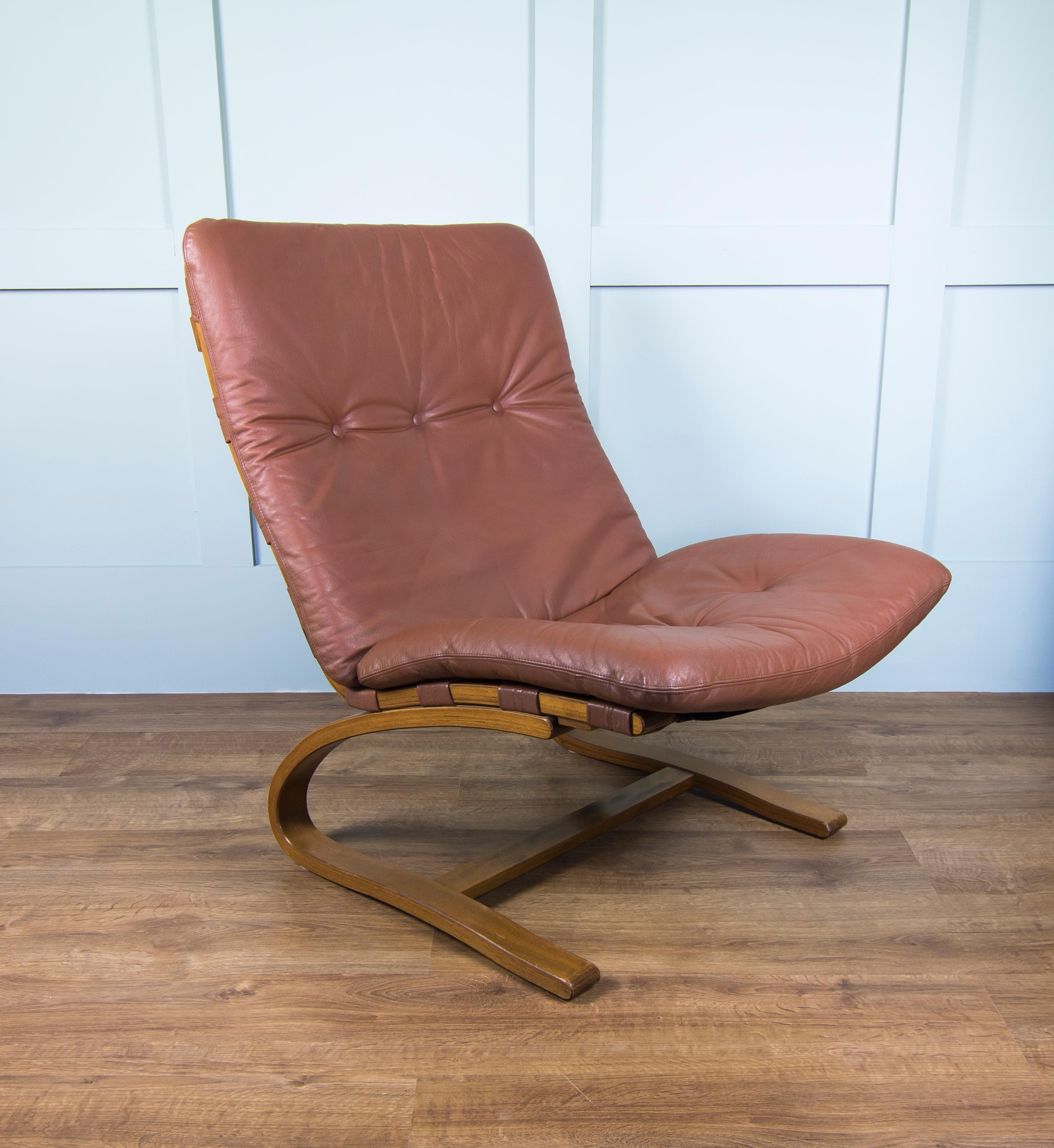 Pair of Mid Brown Leather Elsa & Nordahl Solheim Kengu Armchairs and Footstool For Sale 3